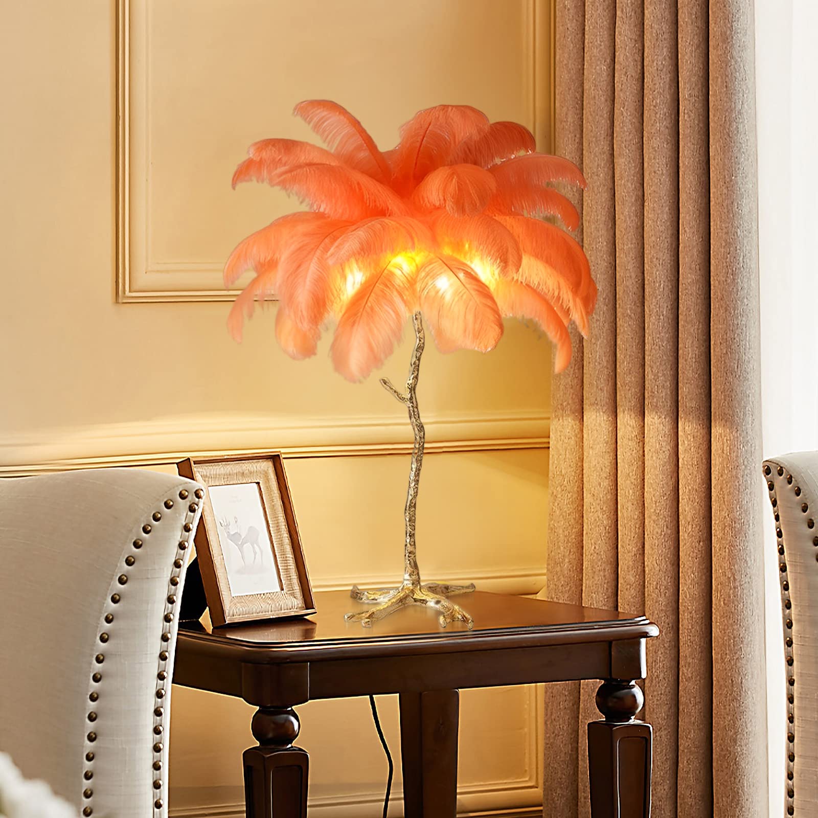 Harz Straußenfeder Tischlampe Nachttischlampe Licht orange braun weiß schwarz Feder Lampenschirm Wohnzimmer Tischleuchte Home Dekoration 80cm (orange)