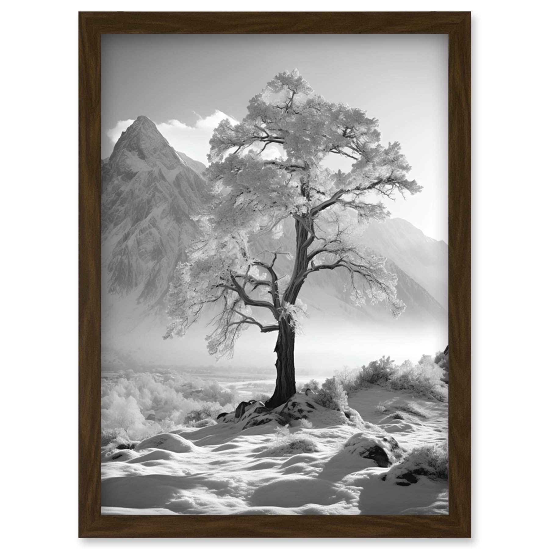 Artery8 Frozen Tree in Snowy Mountain Landscape Bright Black and White Photograph Winter Sunrise Crisp Morning Light Artwork Framed Wall Art Print A4