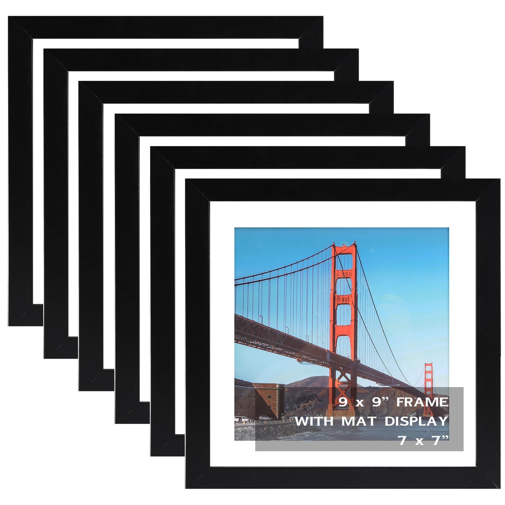 OMISHE 6 Pack 9x9 inch Picture Frames Black for Wall Hanging or Tabletop Poster, Frame Display 7x7 inch with Mat or 9x9 Without Mat, Square Wall
