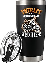 Panvola Therapy Is Expensive Wind Is Free Motorcycle Gifts Vacuum Insulated Tumblers Biker Rider For Dad Husband Boyfriend Uncle Travel Mug (Black, 20 Ounces)