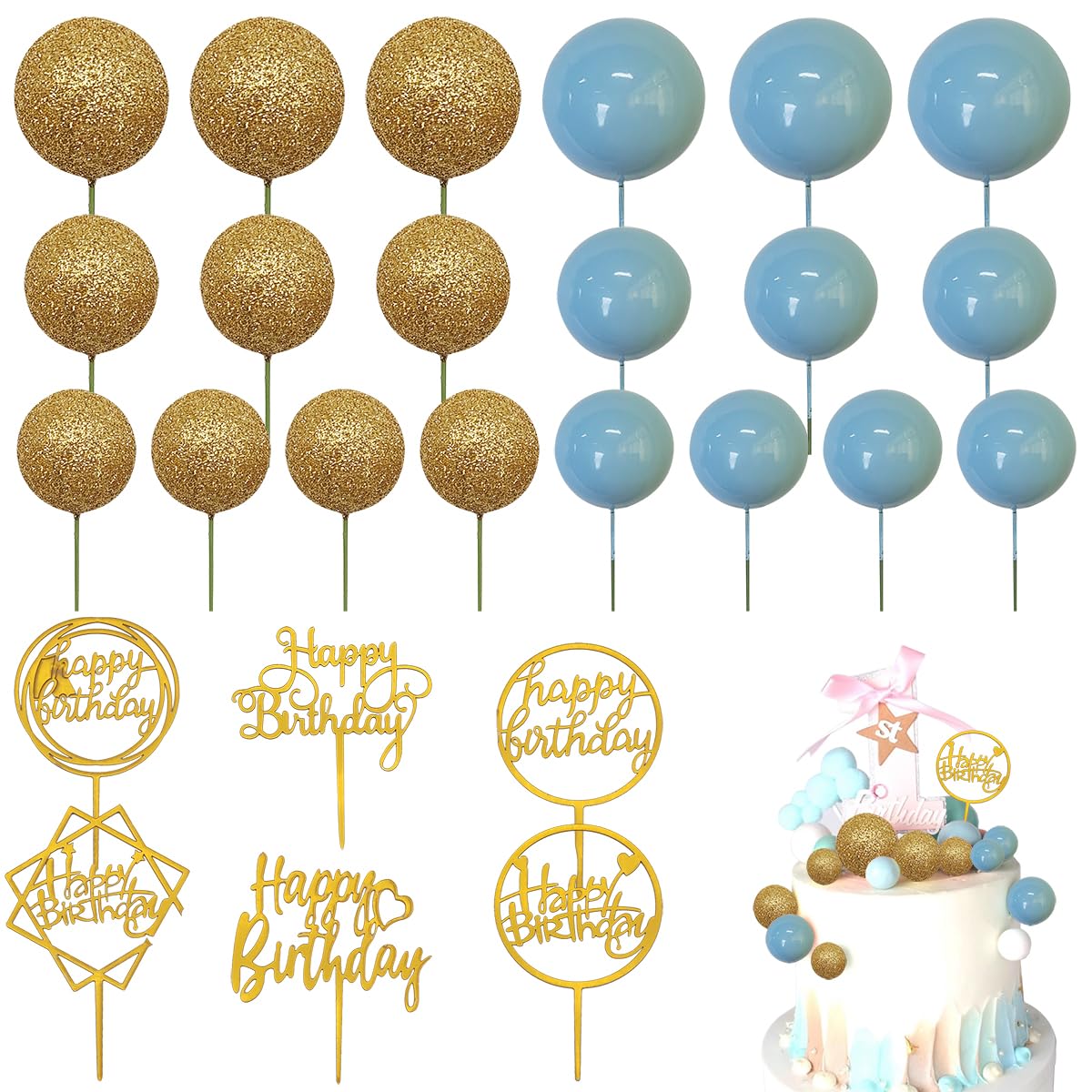 DaKuan 46 PCS Cake Balls Decorations with 6 Balloon Themed Toppers - Mini Balloon Cake Topper and Light Blue & Gold Foil Cake Balls for Birthdays,
