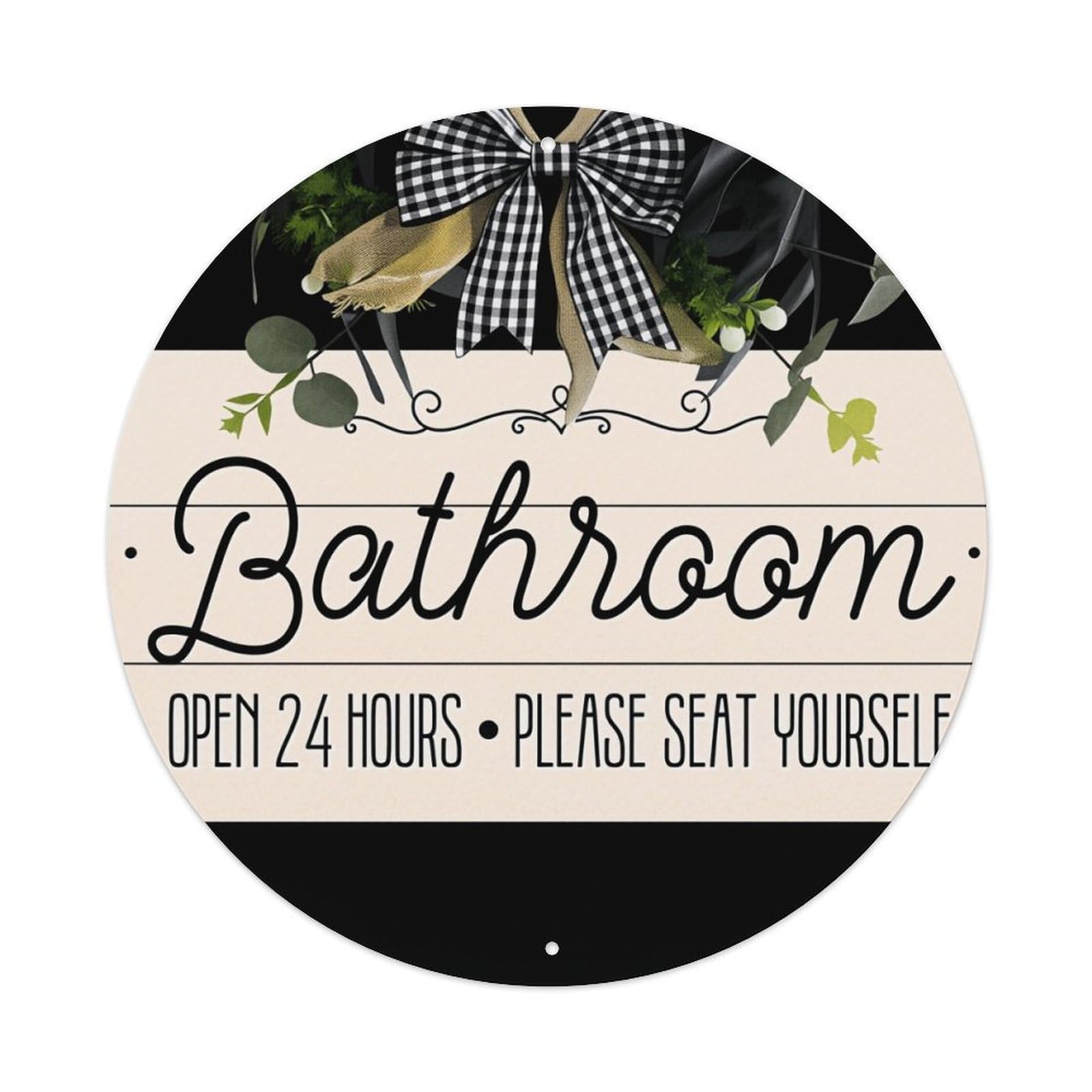 Bathroom Sign With Bow And Leaves Round Tin Sign Vintage Metal Poster, Home Bar Garage Man Cave Cafe Indoor & Outdoor Wall Decoration 8x8Inches