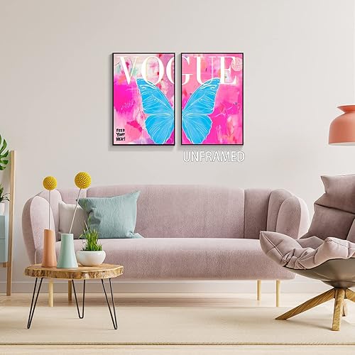 Miniatura 5 de TACRIG 2 piezas de arte de pared en lienzo de mariposa azul de moda preppy - Pósteres de imágenes de moda rosa para dormitorio de niñas - Decoración