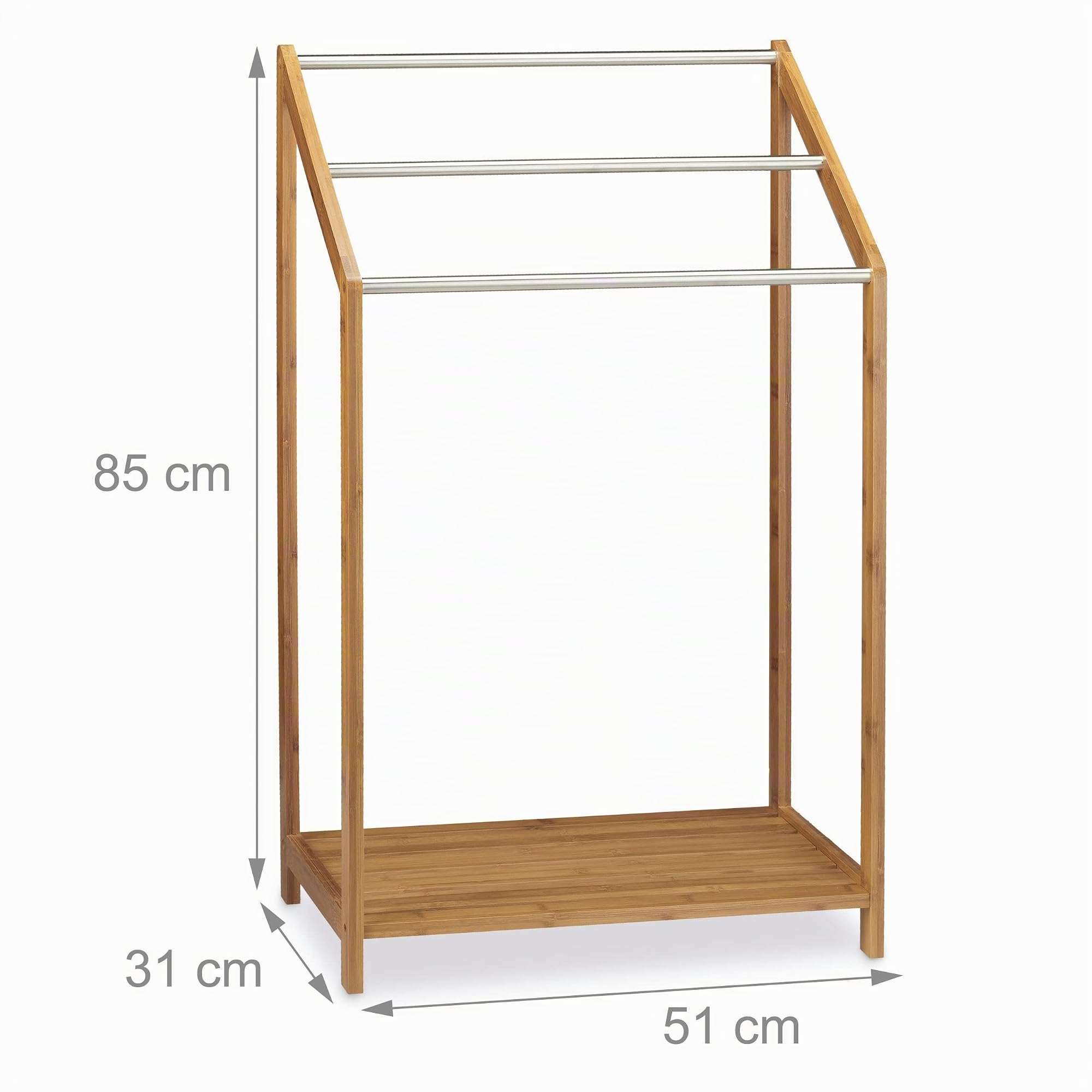 Relaxdays Toallero de Pie Bambú, 3 Barras Metálicas, Soporte Toallas con Balda, Moderno, 85 x 51 x 31 cm, Marrón Natural