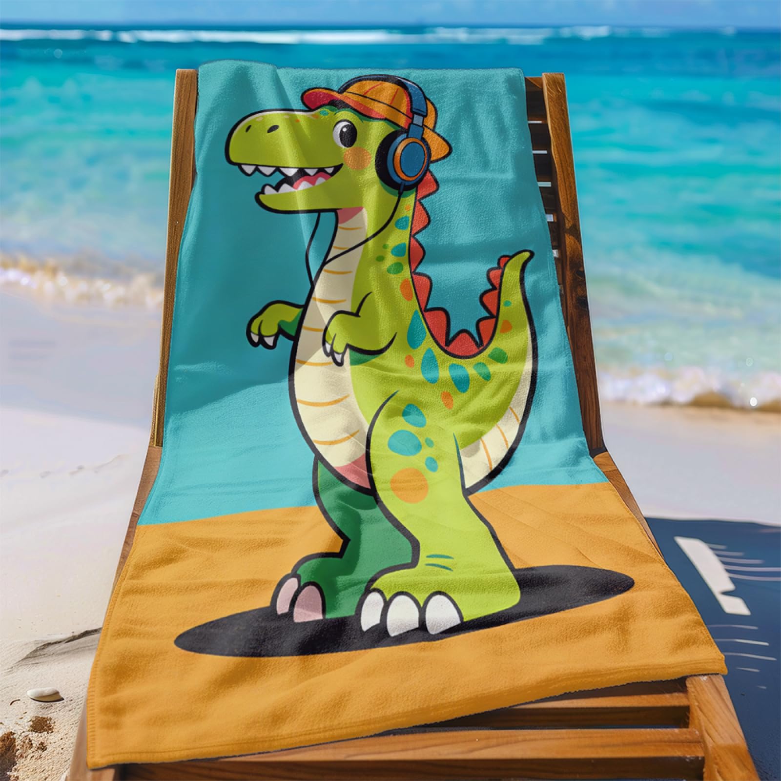 Fouta PlageVert Dinosaure Bleu Modèle Surdimensionné avec Diverses Tailles, Respirante et Portable, Parfaite pour Voyages Sorties Piscine et Usage Extérieur Quotidien 90x160 cm