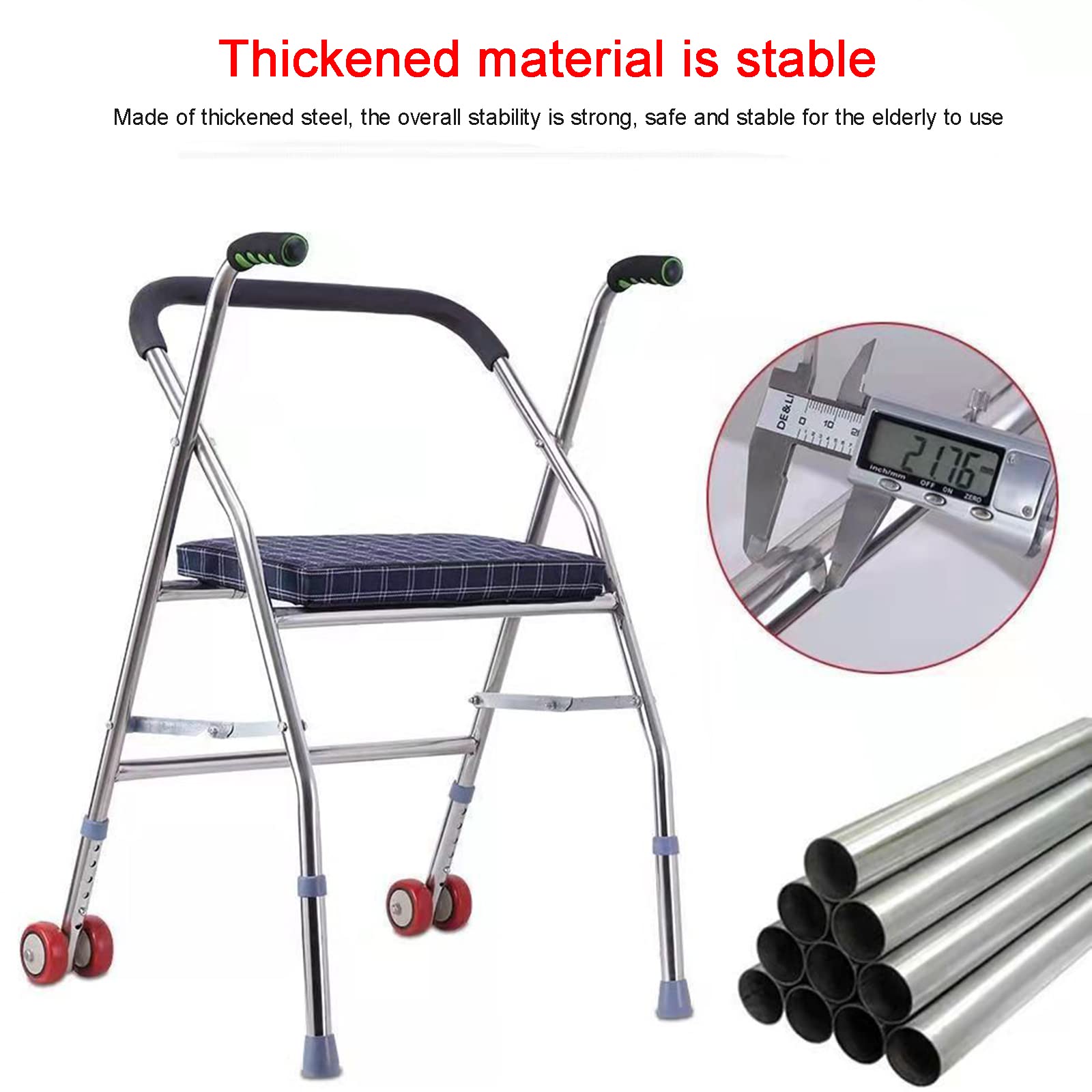 BASII Andador con Ruedas y Asiento, Andador de 2 Ruedas, Andador con Asiento, Andadores para Personas Mayores, Marcos Plegables para Adultos, Andador de Interior,Silver (Silver)