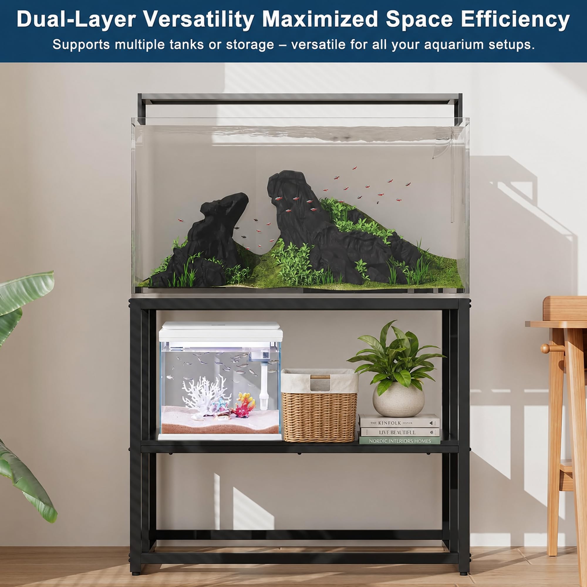Urban Deco Soporte para pecera de 40 galones, capacidad de 660 libras para acuario, soporte de metal para pecera, 38.2 x 18.5 x 29.5 pulgadas, soporte de terrario de diseño de doble capa, ideal para