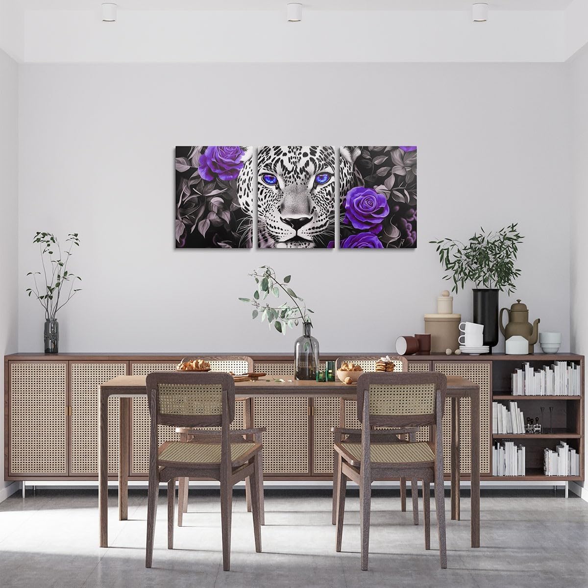 Cheetah Canvas Wall Art Set of 3,Purple Rose Framed Wall Art Black and White Grey Leopard Print Wall Decor Living Room,Western Animals Poster Prints Artwork for Walls Flowers Hang Pictures Home Decor