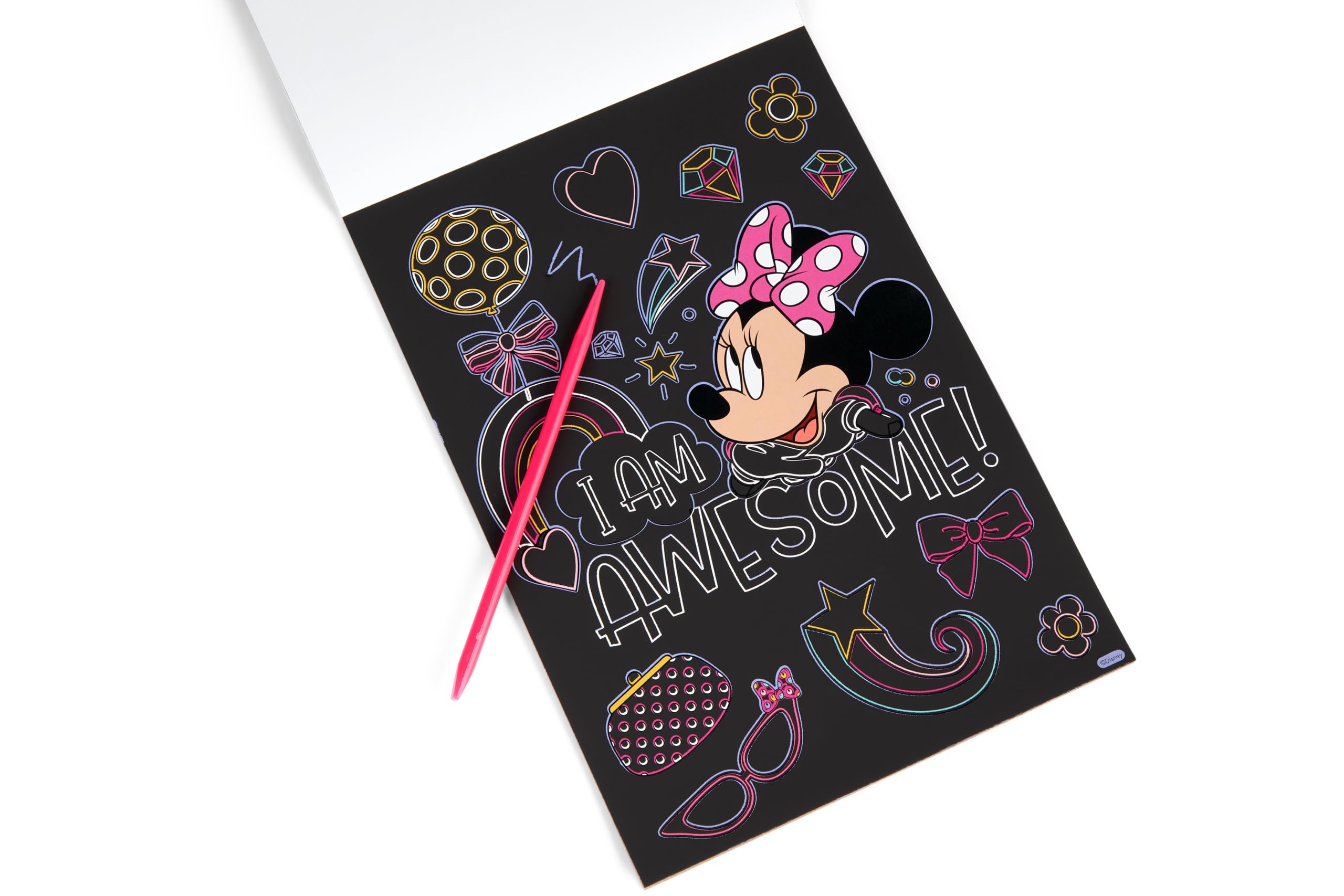 Disney Minnie Mouse Obrazki do zdrapywania książka A5 dla dzieci, zestaw z 15 motywami, w zestawie drewniany pisak do drapania, efekt tęczy, kreatywny zestaw od 3 lat