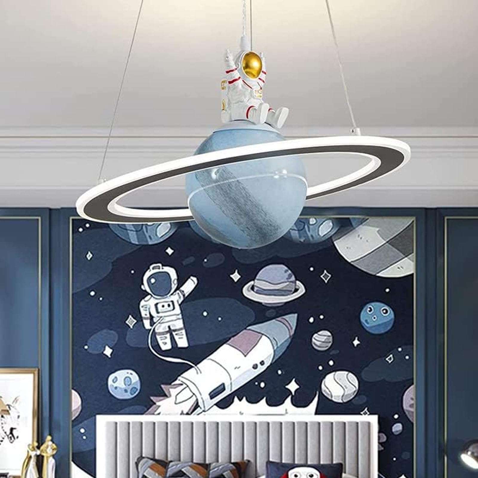 Space Lampshade Modern Pendant Light,Astronaut Ceiling Lamp,Chindren's Room Chandelier,Kids Ceiling Light,Dimmable LED Kids Room Planet Hanging Chandelier,(Size:45cm,Color:Blue)
