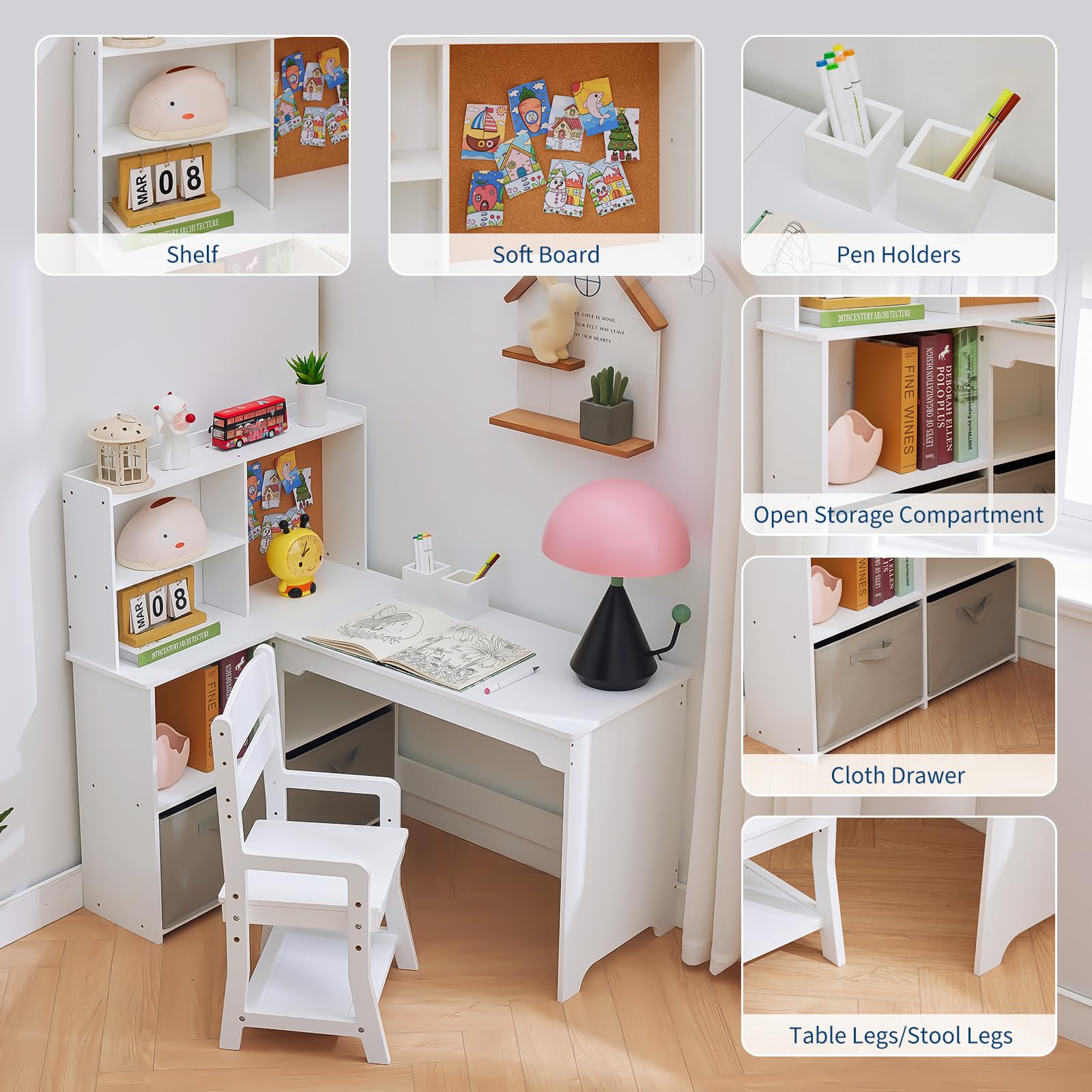 Kinderschreibtisch Set, Schreibtisch Kinder Mit Stuhl Aus Holz, Schülerschreibtisch Mit Bücherregal, Schrank & Pinnwand, Jugendschreibtisch Für Kinder Ab 3 Jahren, Weiß