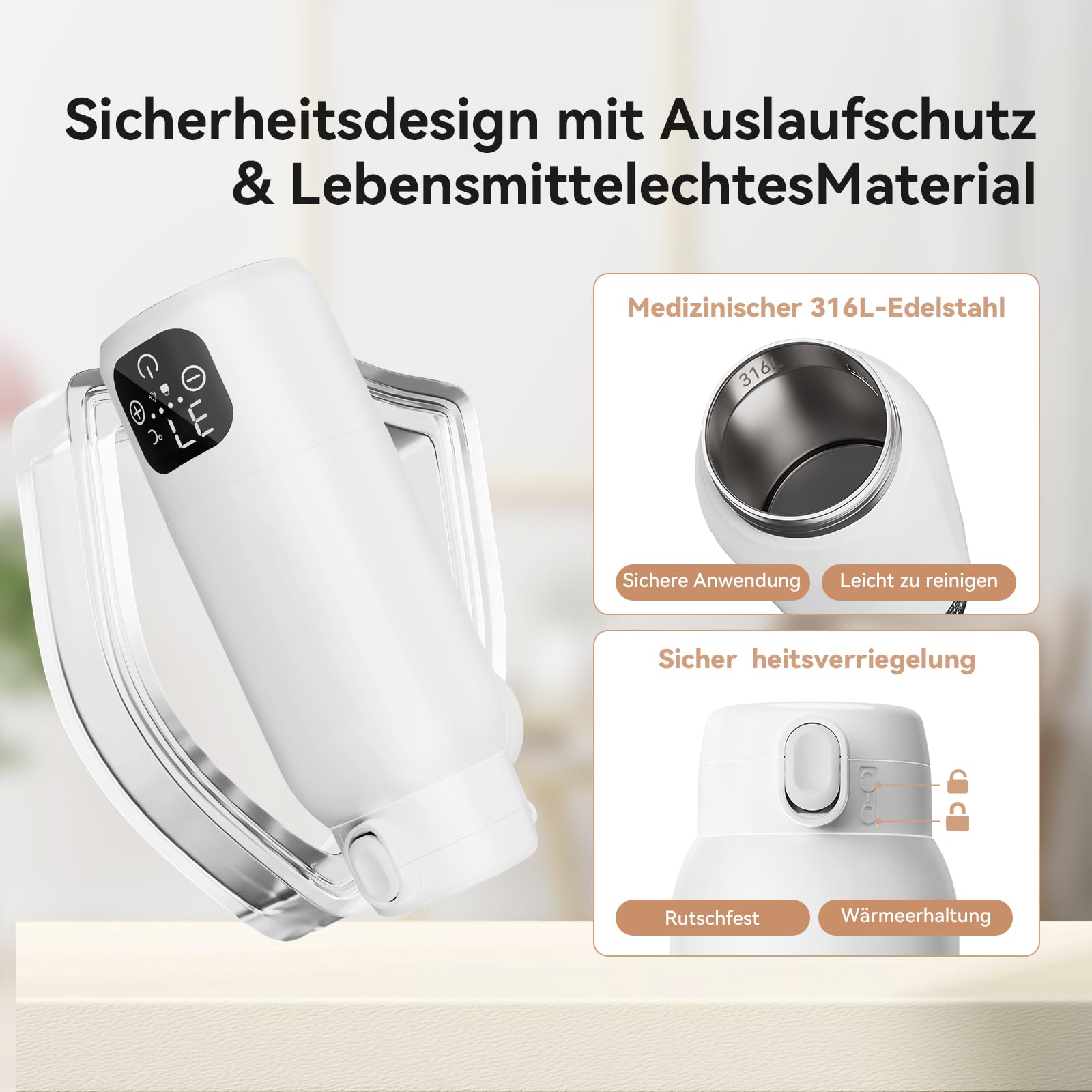 Tragbarer Flaschenwärmer Baby Unterwegs, 3 min Schnellheizung für Muttermilch und Wasser, 500ml Kapazität mit Pasteurisierung und präziser Temperatursteuerung, 11000mAh Akku