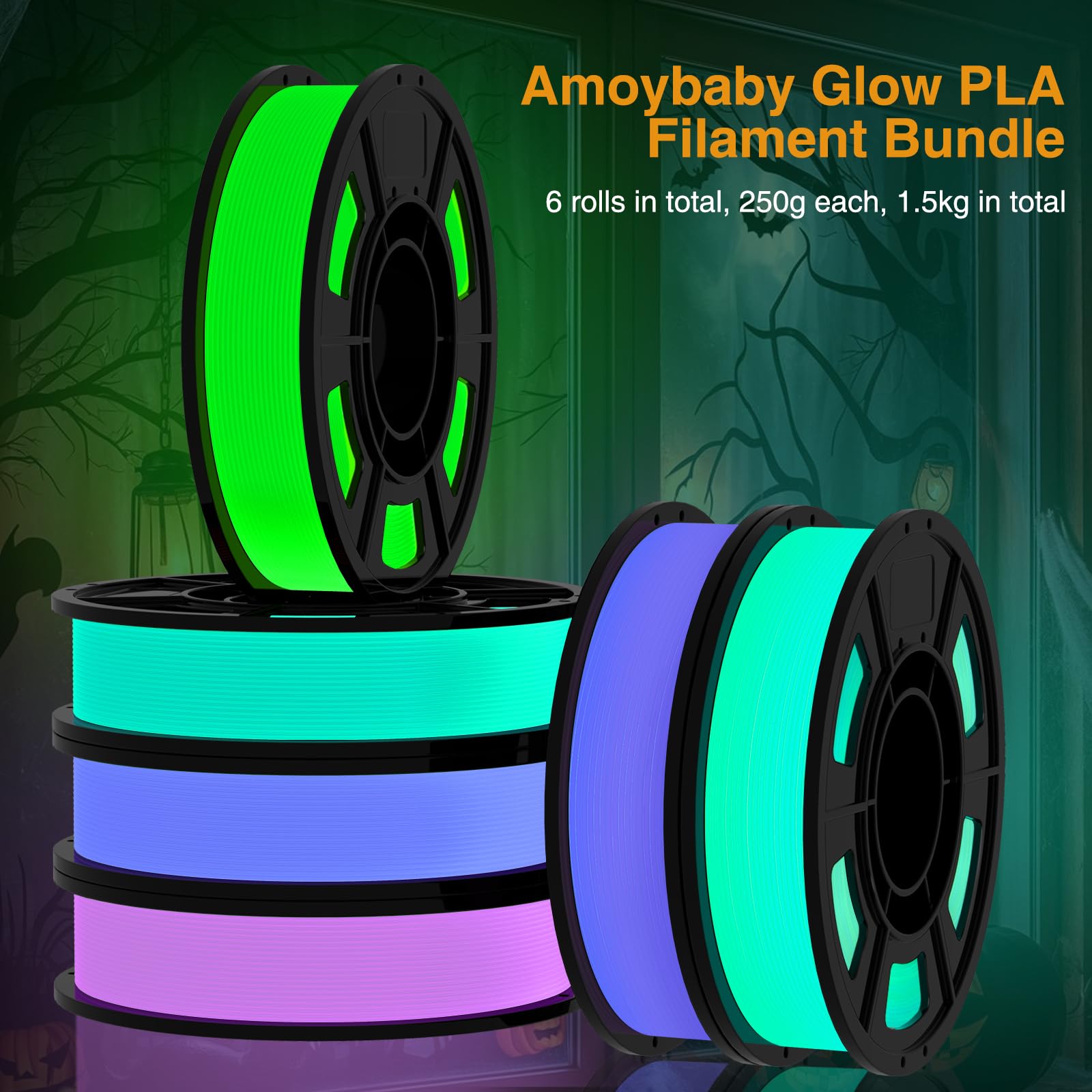 Paquete de 6 filamentos PLA que brillan en la oscuridad, paquete de 6 (250 g por carrete, 1.5 kg en total), filamento fluorescente de luz nocturna (verde, verde azulado, morado, rojo rosa, azul, verde