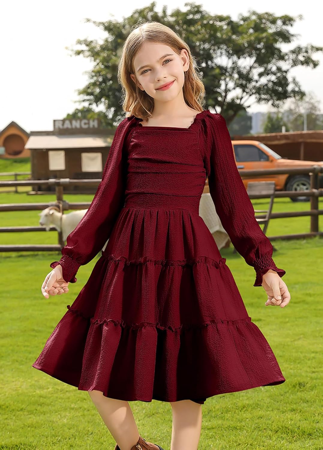 HOZIY Girls Long Sleeve Dress Ruched Smocked Tiered Ruffle A-Line Casual Boho Teen Dresses with Pocket Size 6-16 Years - Image 2