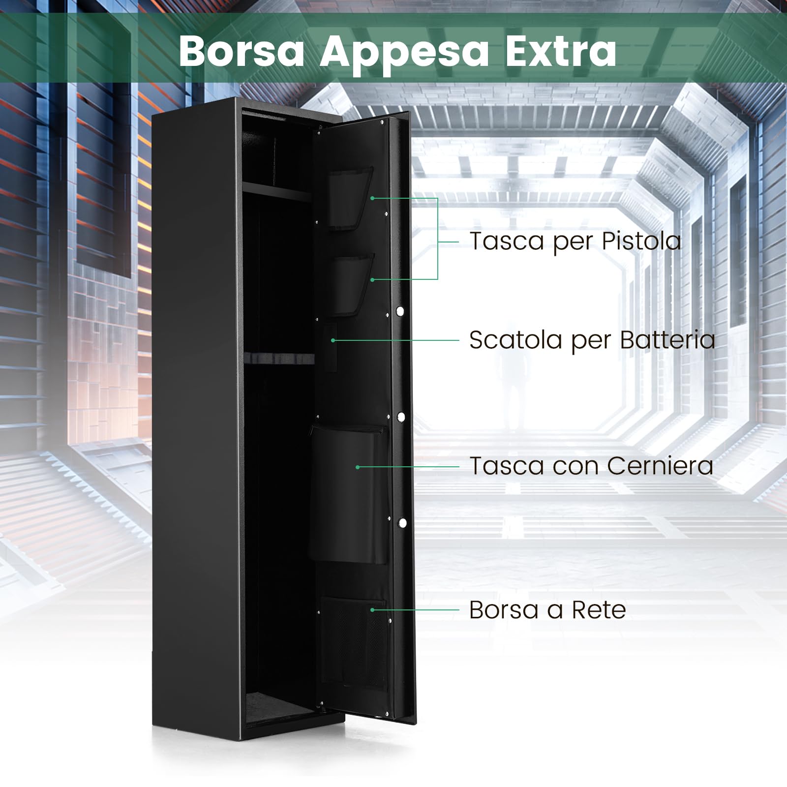 COSTWAY Cassaforte per 5 Fucili e Pistole Domestiche, Armadio per Armi Lunghe Pesante con Serratura Biometrica Impronta Digitale, Tastierino Digitale e Chiavi Emergenza, Tasca di Stoccaggio Integrata