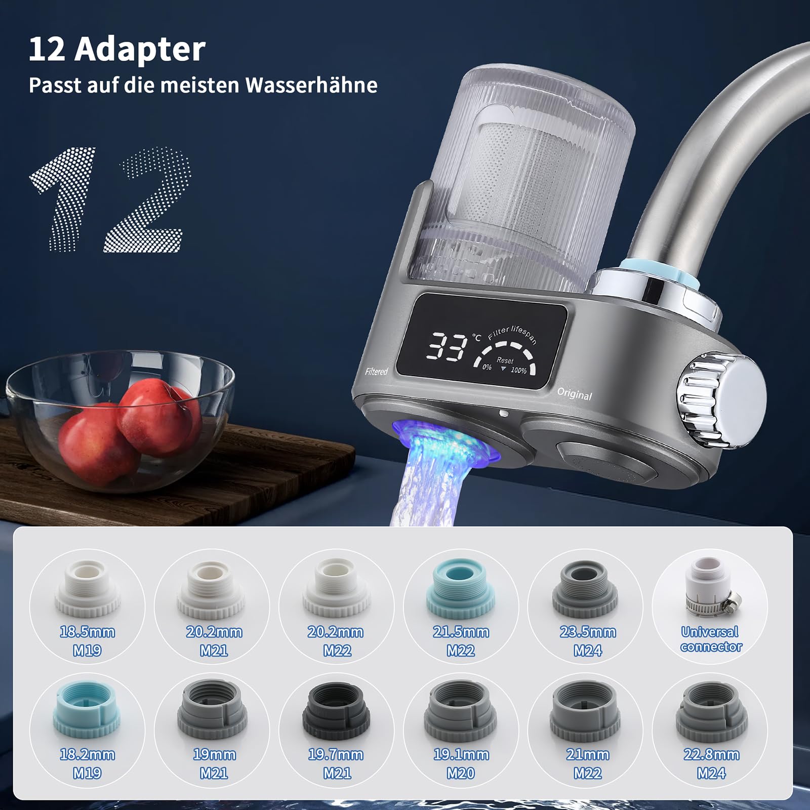 HOMELODY Wasserfilter Wasserhahn mit LED Anzeige, Wasserfilter Trinkwasser für Küche, entfernt Chlor, Schwermetalle & Kalk, Kalkfilter Wasserhahn mit Blaulicht, 12x Adapter (Inkl. Filter*1)