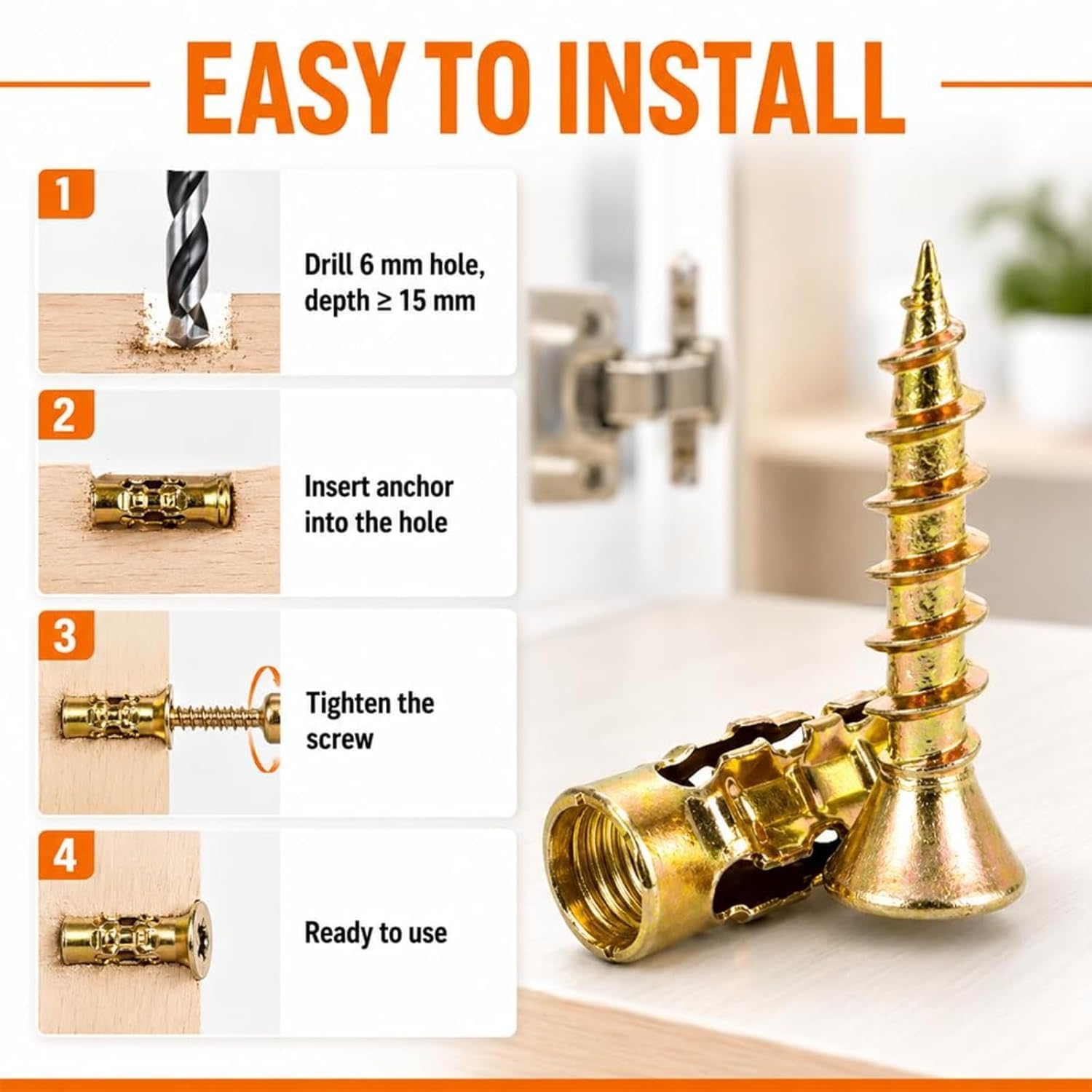 6×14mm Short Expansion Screw Set for Cabinet Hinge Repair & Stripped Thread Restoration, Hinge Repair Screw & Expansion Anchor for Wood, Tile, Stone (50sets)