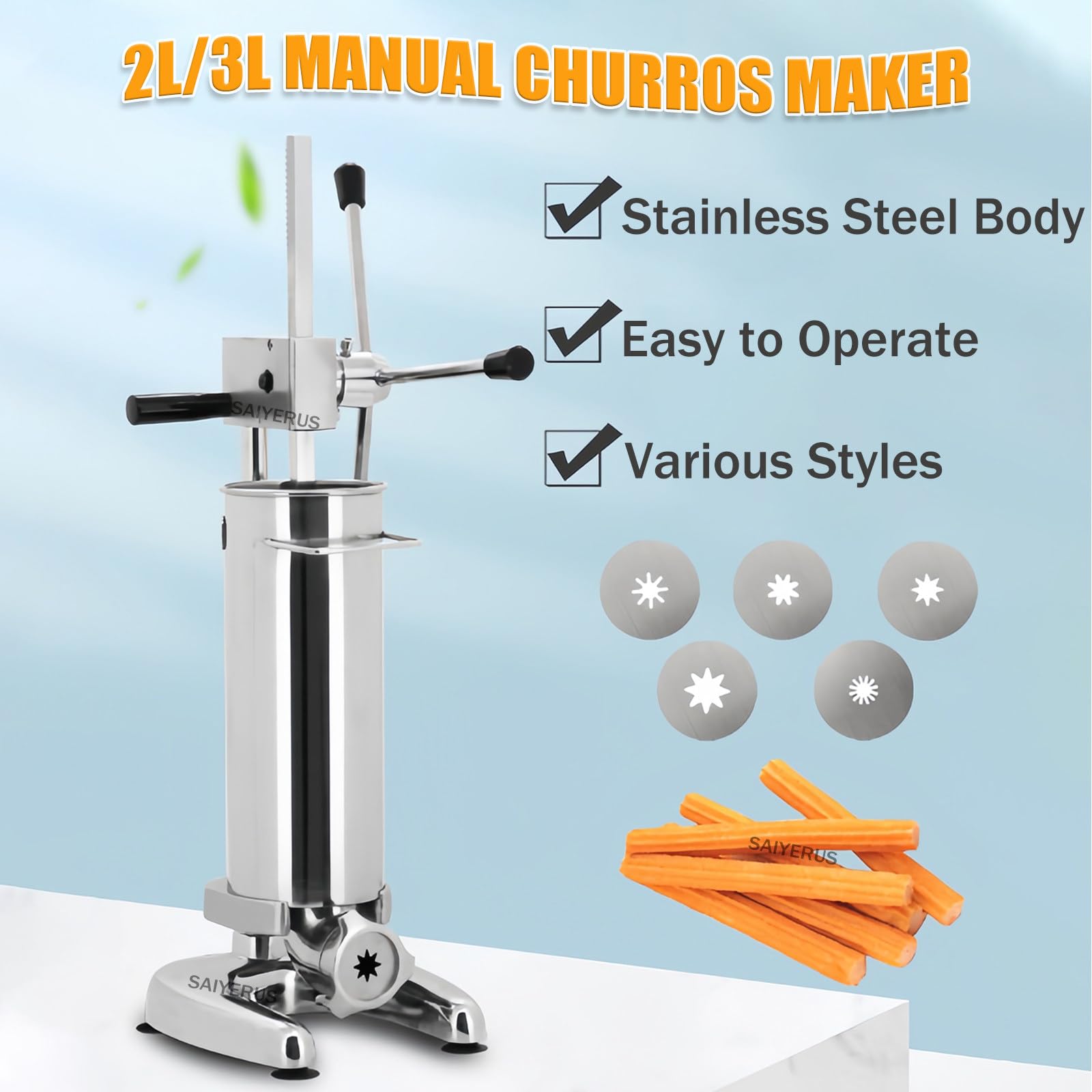 Máquina para Hacer Churros Verticales Españoles de 2 L y 3 L, Resistente, Manual, con 5 Boquillas, para Restaurantes y Panaderías, Equipo para Aperitivos,2L