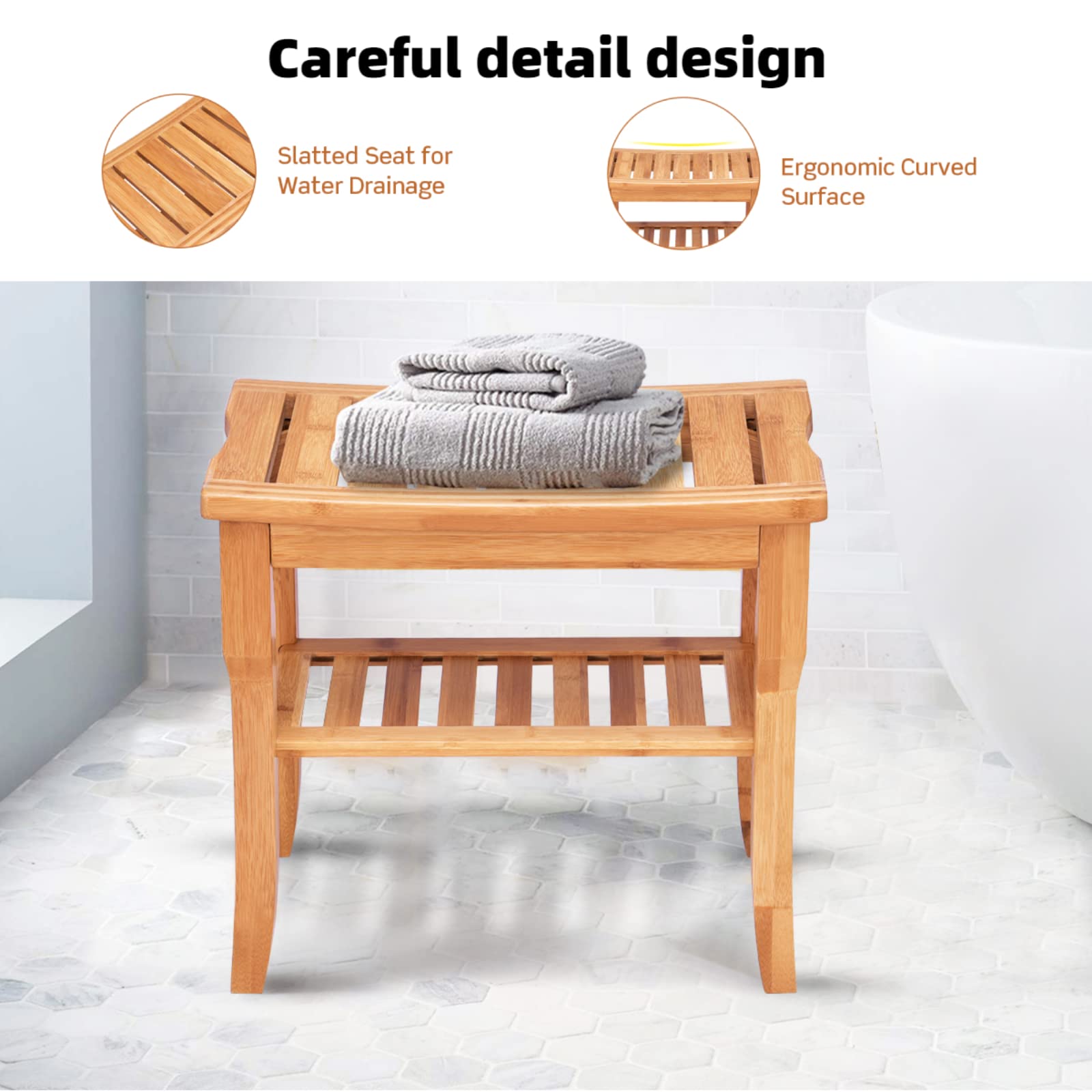Tabouret De Salle De Bain En Bambou - Avec Étagère Rangement - Antidérapant - 180kg Capacity