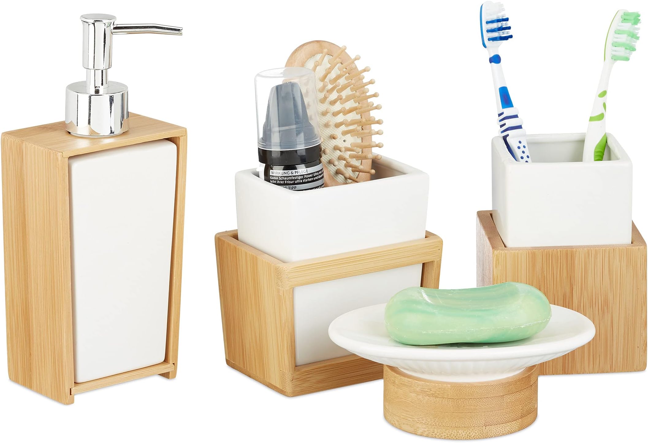Relaxdays Accessoires salle de bain bambou céramique Set 4 pièces