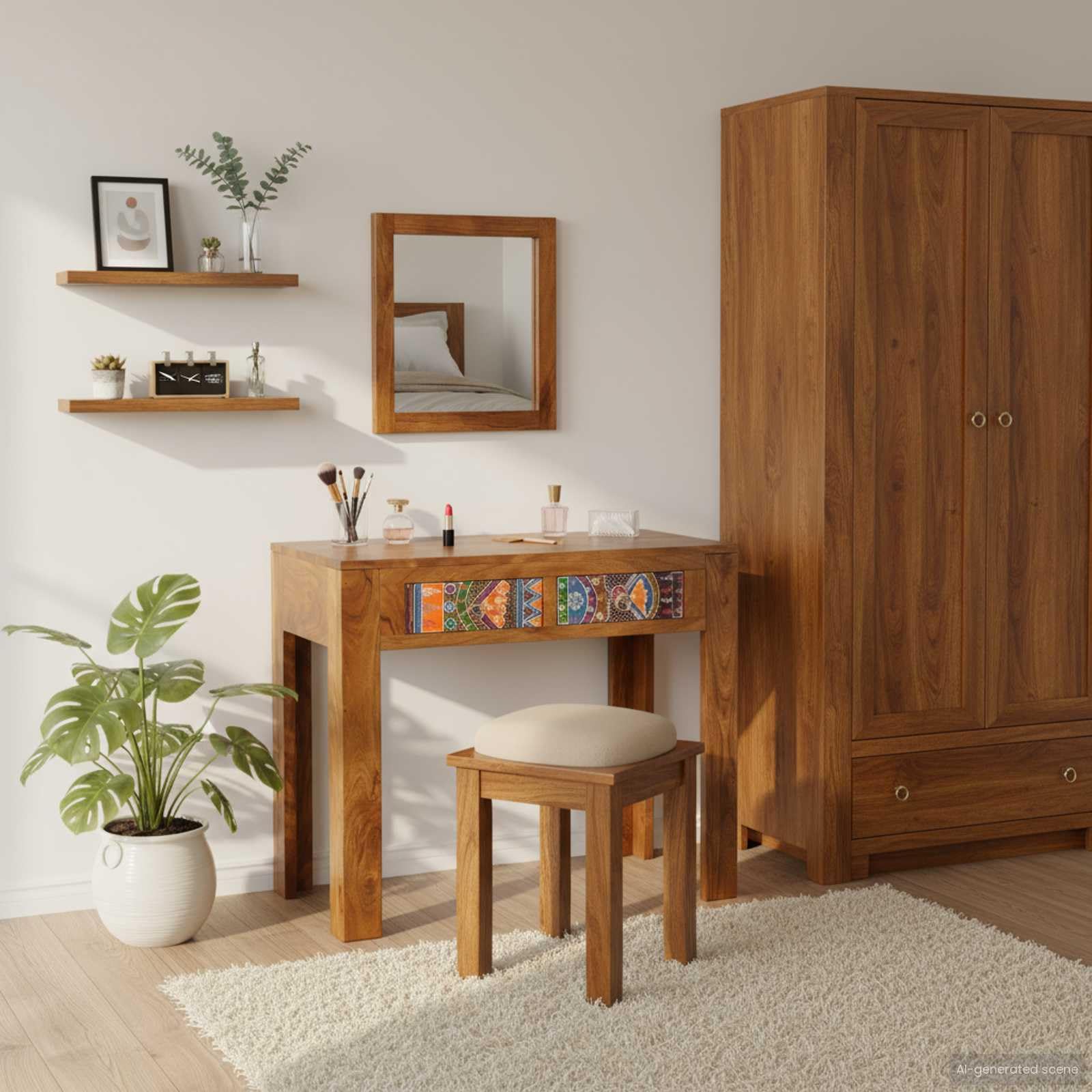 Tavolo da trucco in legno di acacia massello marrone 90 x 45 x 75 cm con specchio piano e due cassetti per camera da letto, mobiletto consolle salvaspazio per make up e bellezza
