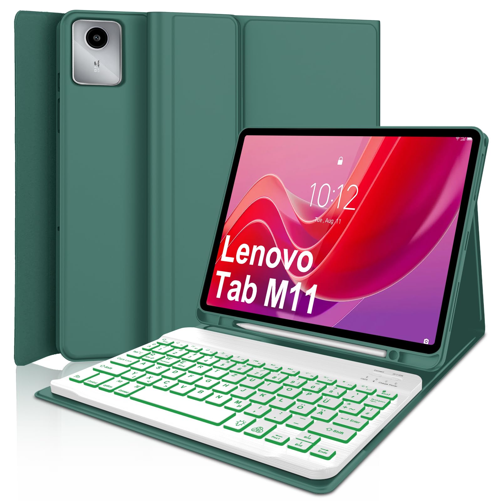 WINCHKING Funda con Teclado para Lenovo Tab M11 11 Pulgadas, Inalámbrico Bluetooth Magnéticamente Funda Teclado para Lenovo Idea Tab 11 2024, 7 Colores Retroiluminados, QWERTY Español Ñ, Verde Oscuro