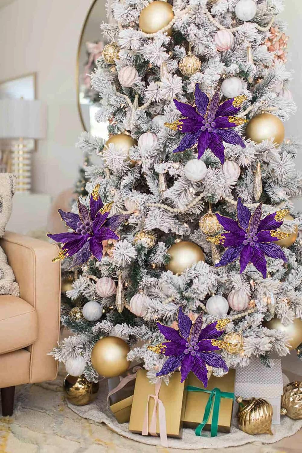 Briful 12'' Large Heads Christmas Glitter Poinsettia Flowers Christmas Tree Ornaments Set of 4 Artificial Flowers with Picks Stems for Xmas Tree Party DIY Holiday Decorations, Purple and Glod