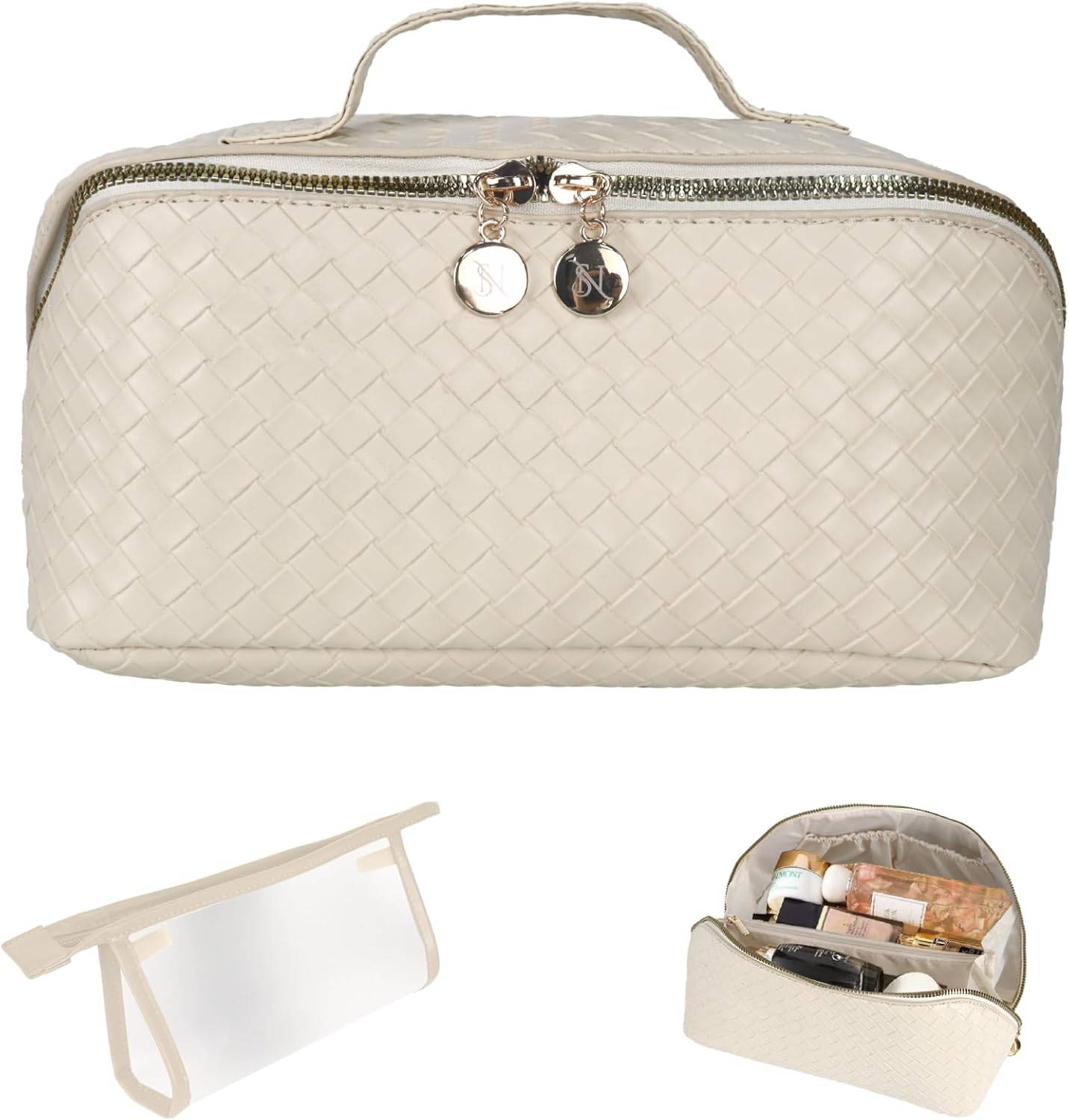 large capacity travel makeup bag organizer makeup bag set – includes transparent pouch & dust bag pu leather cosmetic bag toiletry bag for women with dividers, handle portable design (beige)