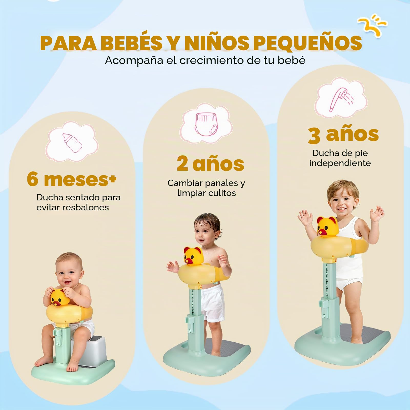 Soporte Ducha Bebé con Asiento, Ajustable y Antideslizante 6-36 Meses | ABS sin BPA, altura 47-62 cm, reposabrazos 17-27 cm, soporte para ducha, asiento y base antideslizante para baño y cuidado