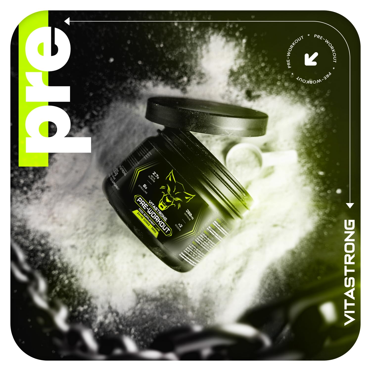Pre Workout Booster mit Koffein 300g, Vegan Preworkout mit Vitamin B12, Citrullin, Beta-Alanin, Koffein Pulver, Taurin Pulver, AstraGin, Vitastrong Pre Workout (24 Portionen (1er-Packung), Lime)