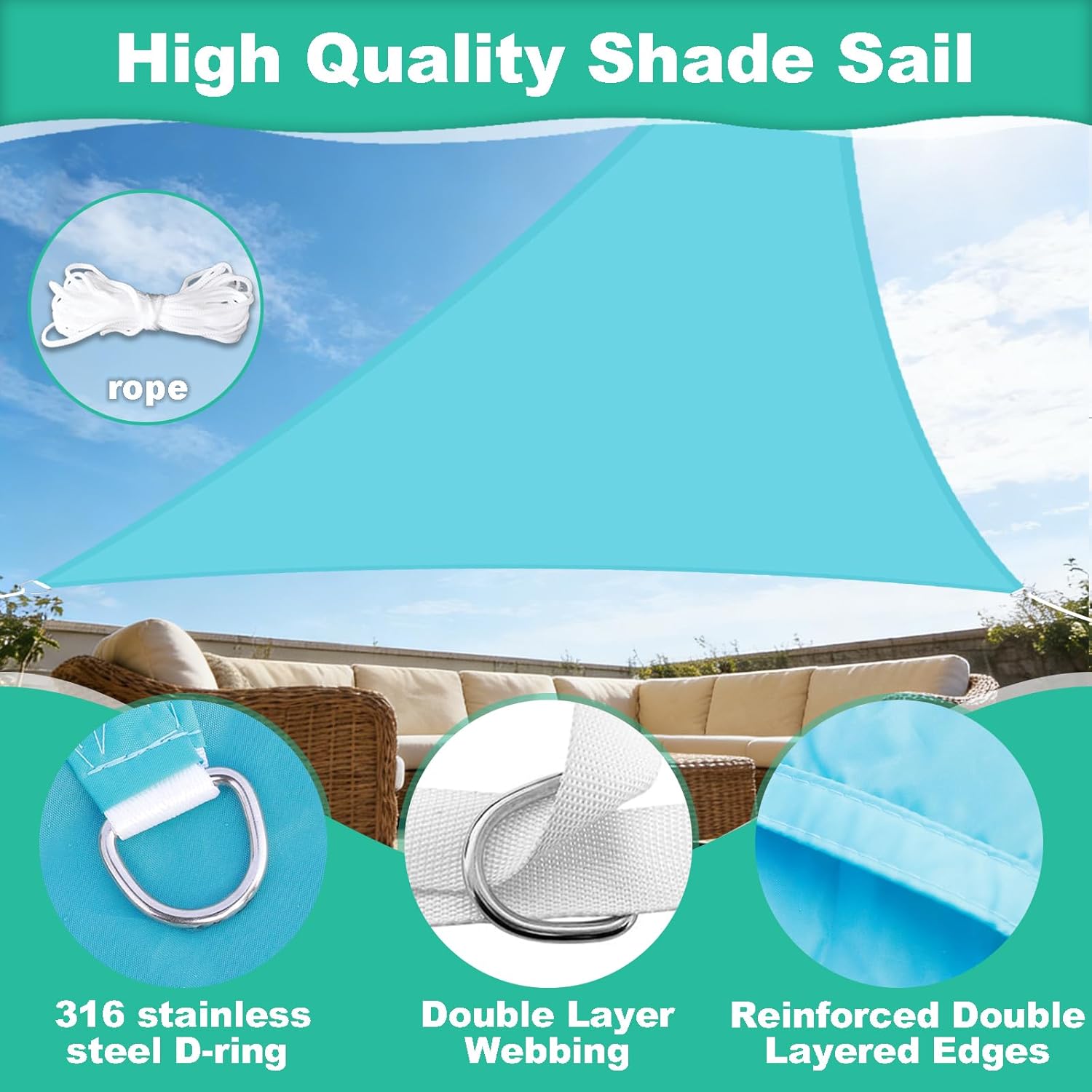 Waterproof Triangle Sun Shade Sail 16'x16'x16' Heavy Duty Canopy Awning UV Block Shade Cover Outdoor Sunshade for Patio Garden Backyard Beach Activities (Lake Blue)