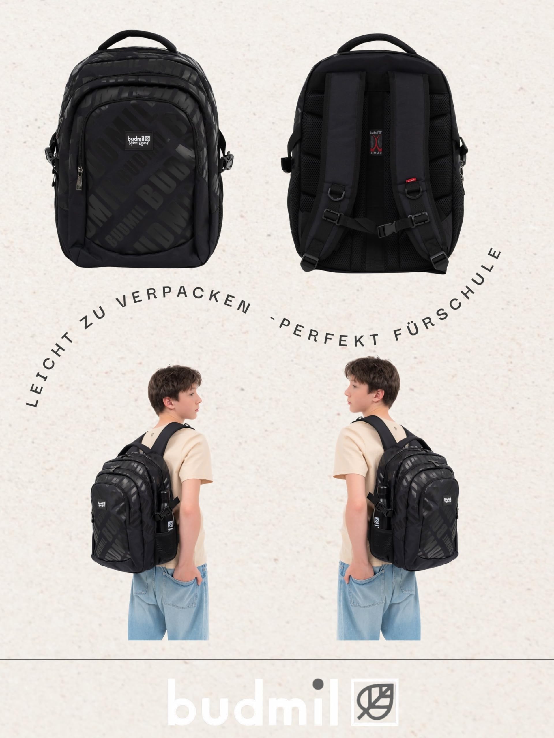 budmil ergonomischer Schulrucksack für Jungen und Mädchen 32L - für Teenager Kinder ab Klasse 5 - wasserabweisend - Rucksack mit 3 Fächer & belüftete Rückseite (Edwin Black)