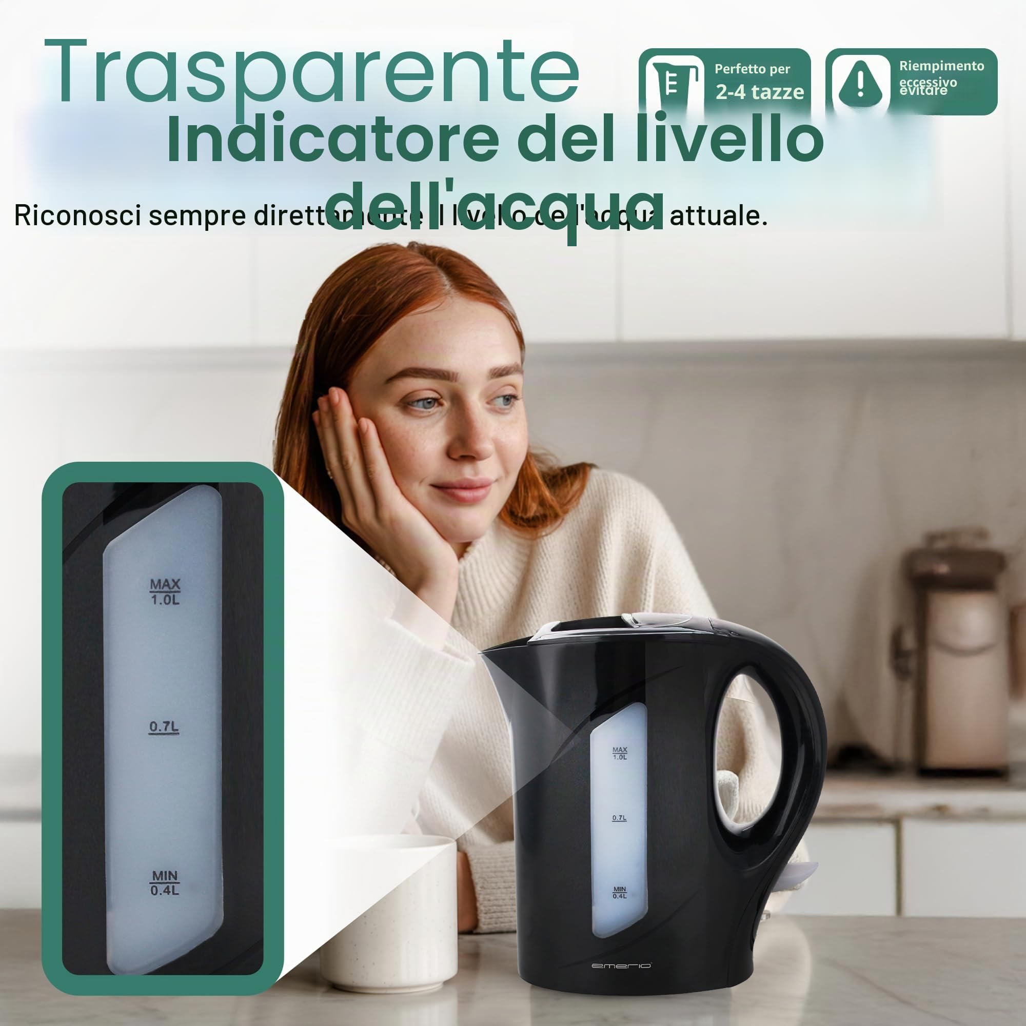 Emerio WK-121616.1 - Bollitore elettrico, 1,0 litri, 900 Watt, indicatore del livello dell'acqua, senza BPA, protezione antigoccia, interruttore on/off illuminato, ideale per casa, campeggio o