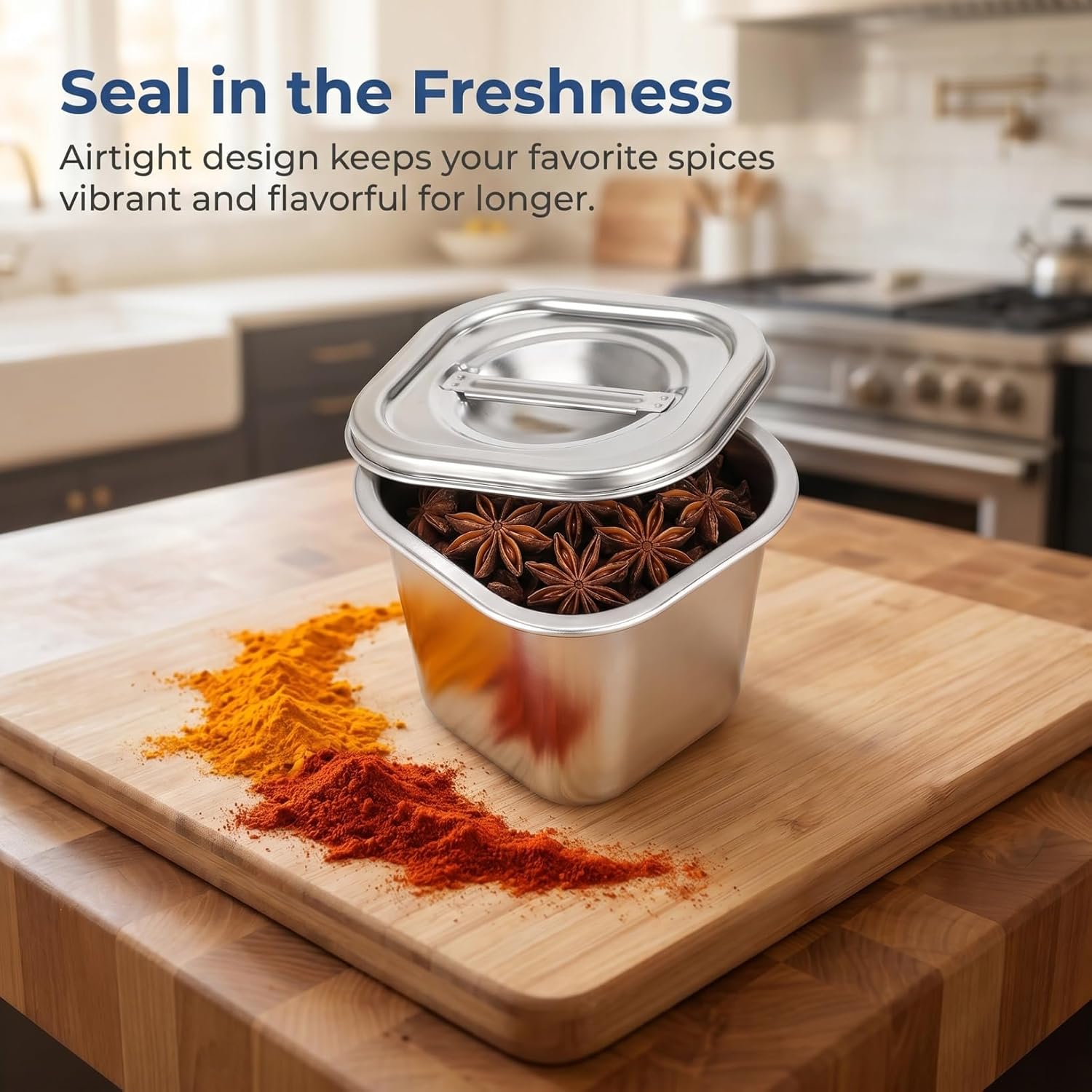 Stainless Steel Square Spice Canister Lid Multi-functional Condiment Container for Kitchen Seasoning Storage Easy Access and Cleaning Airtight Spice Box for Organizing Countertops