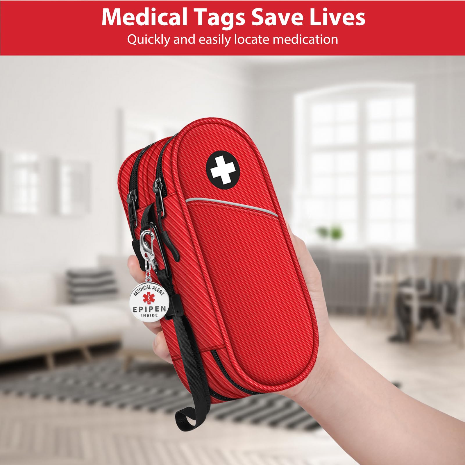 SITHON EpiPen Medical Tragetasche mit Epipen Inside Schlüsselanhänger, tragbare Doppelschicht Tasche Organizer für 2 EpiPens, Asthma-Inhalator, Anti-Histamin, Auvi-Q, (Rot)