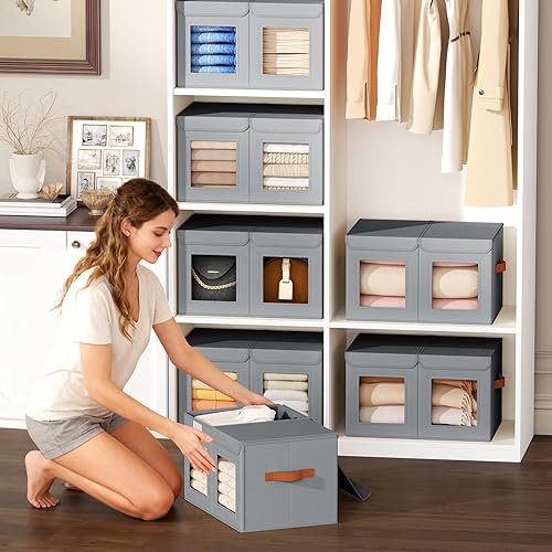 Miniatura 3 de Cajas de almacenamiento grandes para armario - Organizador de ropa plegable dividido con tapas y ventana doble, contenedores organizadores de tela