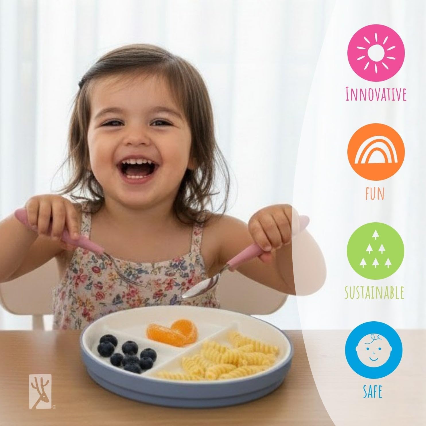 Elk and Friends Kids 6.7” Porcelain Divided Plates with Silicone Sleeves | Suitable for Babies/Kids/Toddlers | Microwave & Dishwasher Safe | Non Slip | Snack Dishes