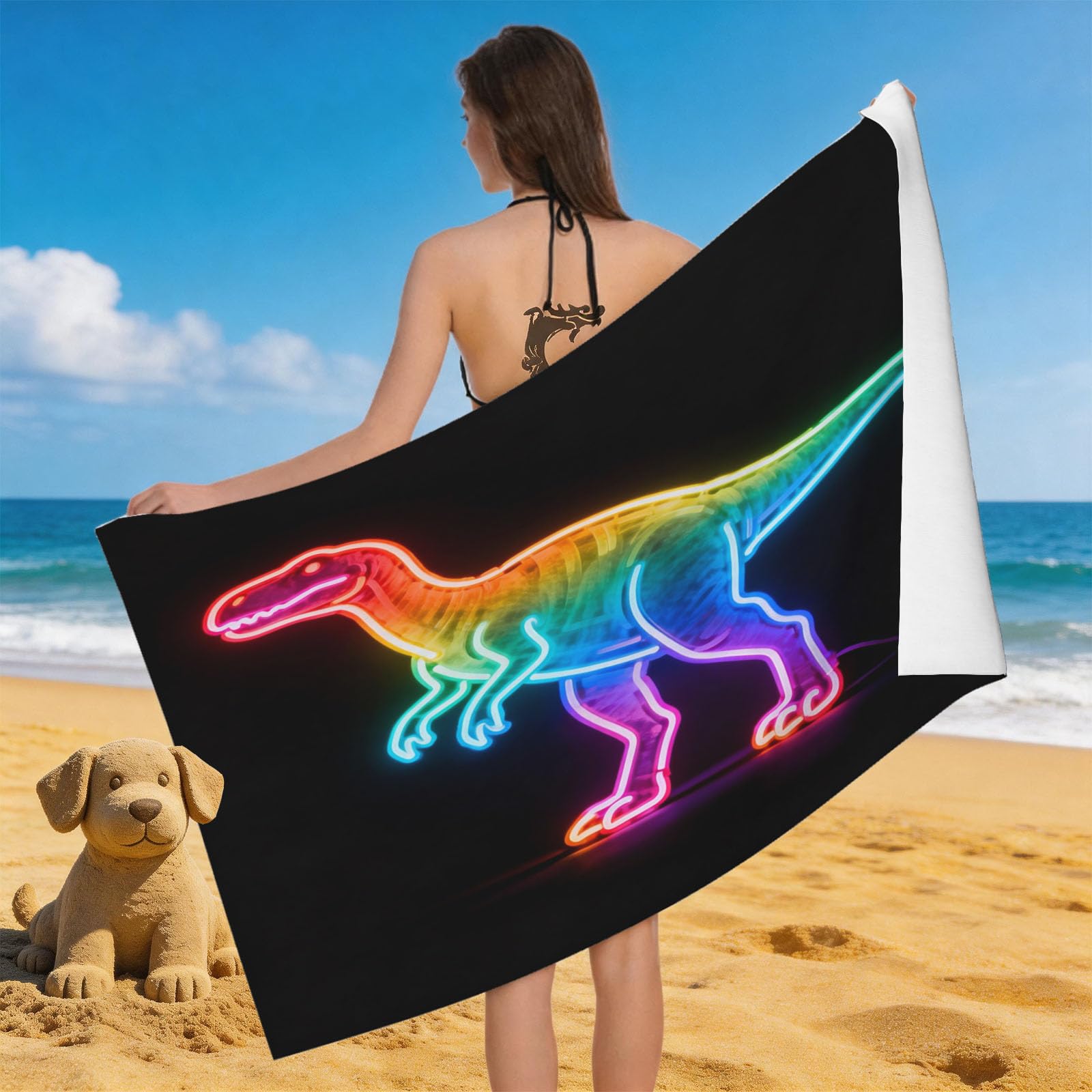 Leichong Men's Multicolour 3D Neon Dinosaur Beach Towel Microfiber Soft Quick Dry For Adults, Cartoon Bath Towel Lightweight Soft Absorbent For Travel Swimming Pool Sports, 75 X 150 Cm