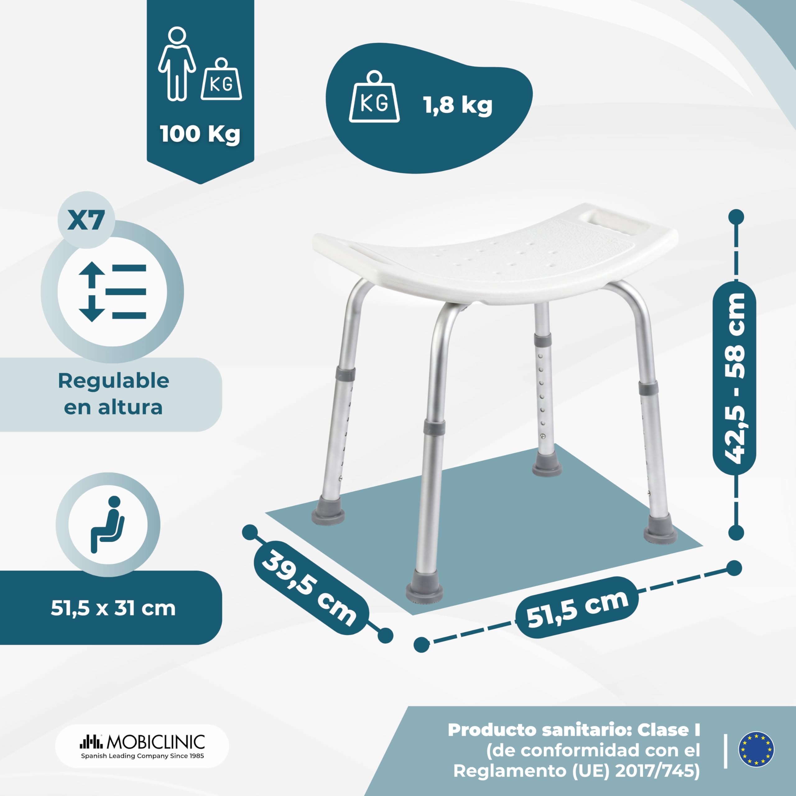 Mobiclinic®, Taburete de Baño, Conteras Antideslizantes, Regulable en 7 Alturas, Asiento en U, Agujeros Drenaje, hasta 100 Kg, Ligero, Fácil Montaje, Aluminio, San Fermín