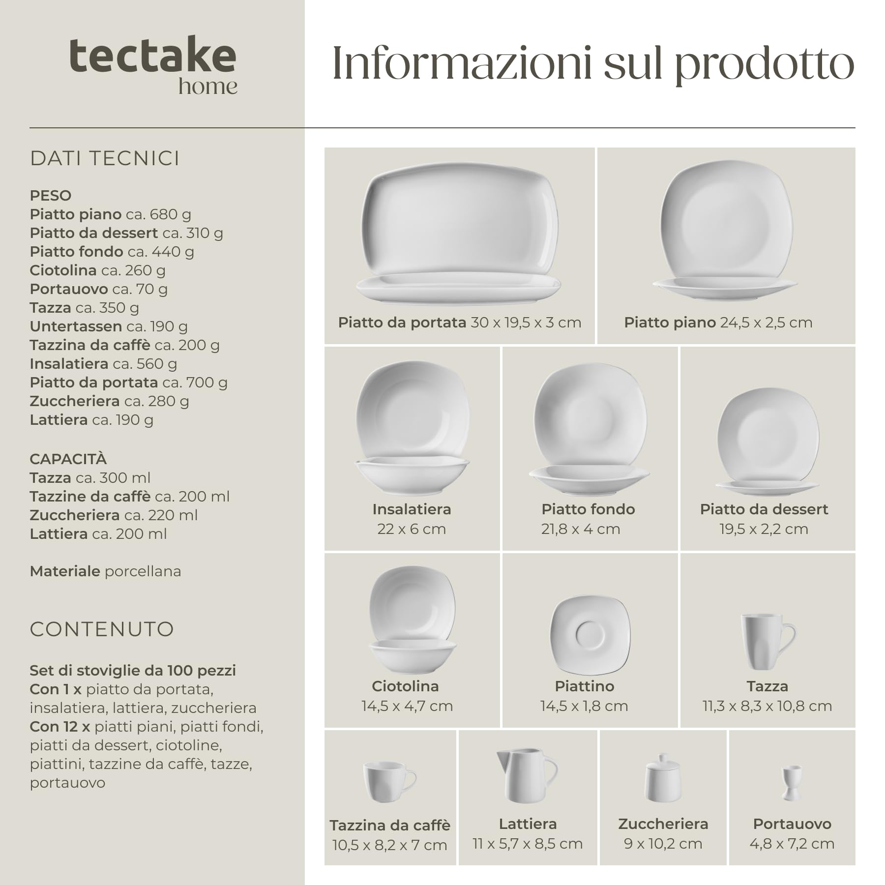 tectake® Set di Stoviglie da 100 Pezzi per 12 Persone, Piatti e Ciotole con Bordi Arrotondati, Porcellana Resistente ai Graffi, Adatto a Lavastoviglie e Microonde, Impilabile, Salvaspazio - Bianco