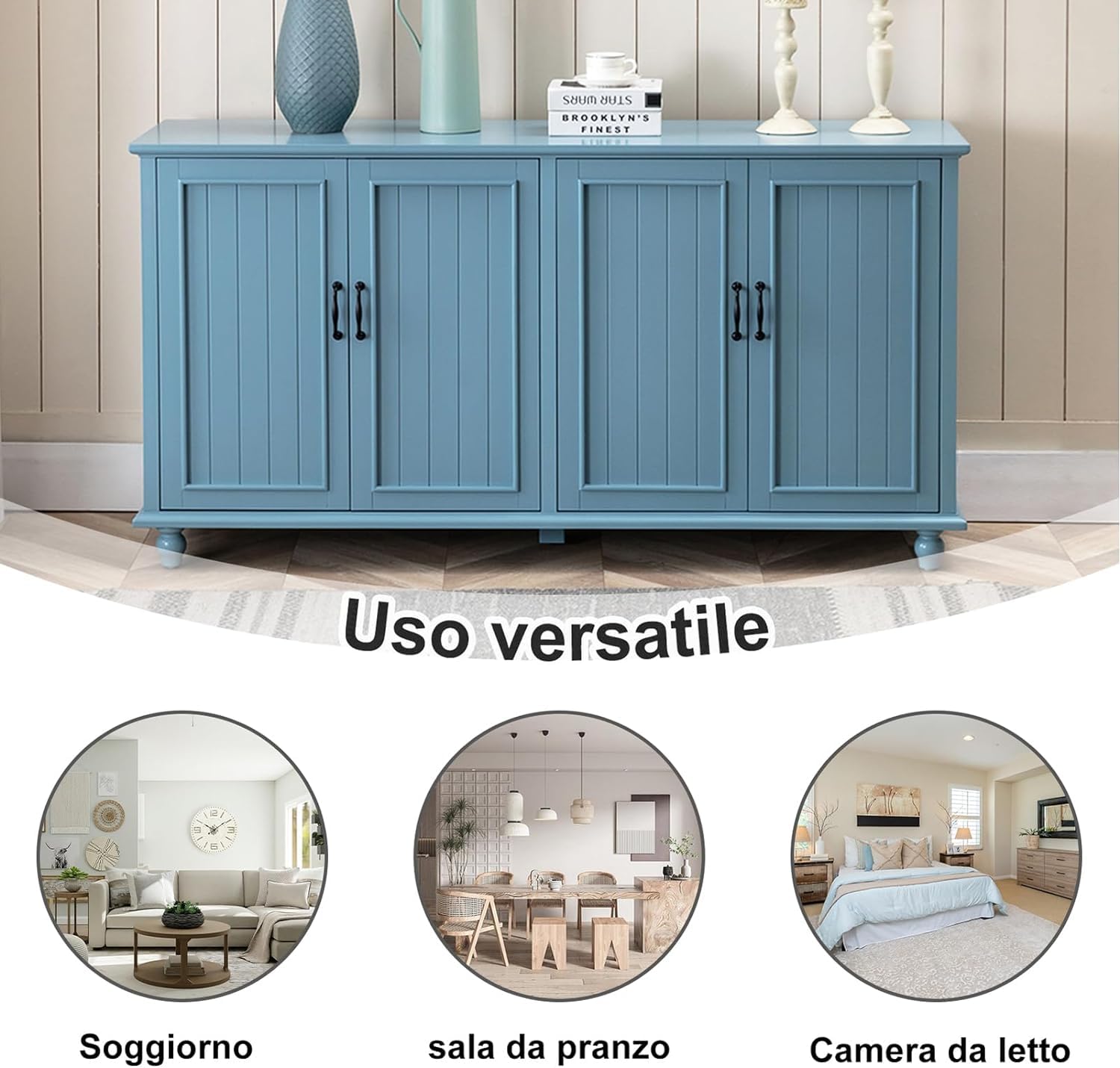 Credenza UEV Per Soggiorno - 157x41x81cm, 4 Ante, Ripiani Regolabili, Colore Blu, Multiuso Per Cucina O Sala - Foto 7