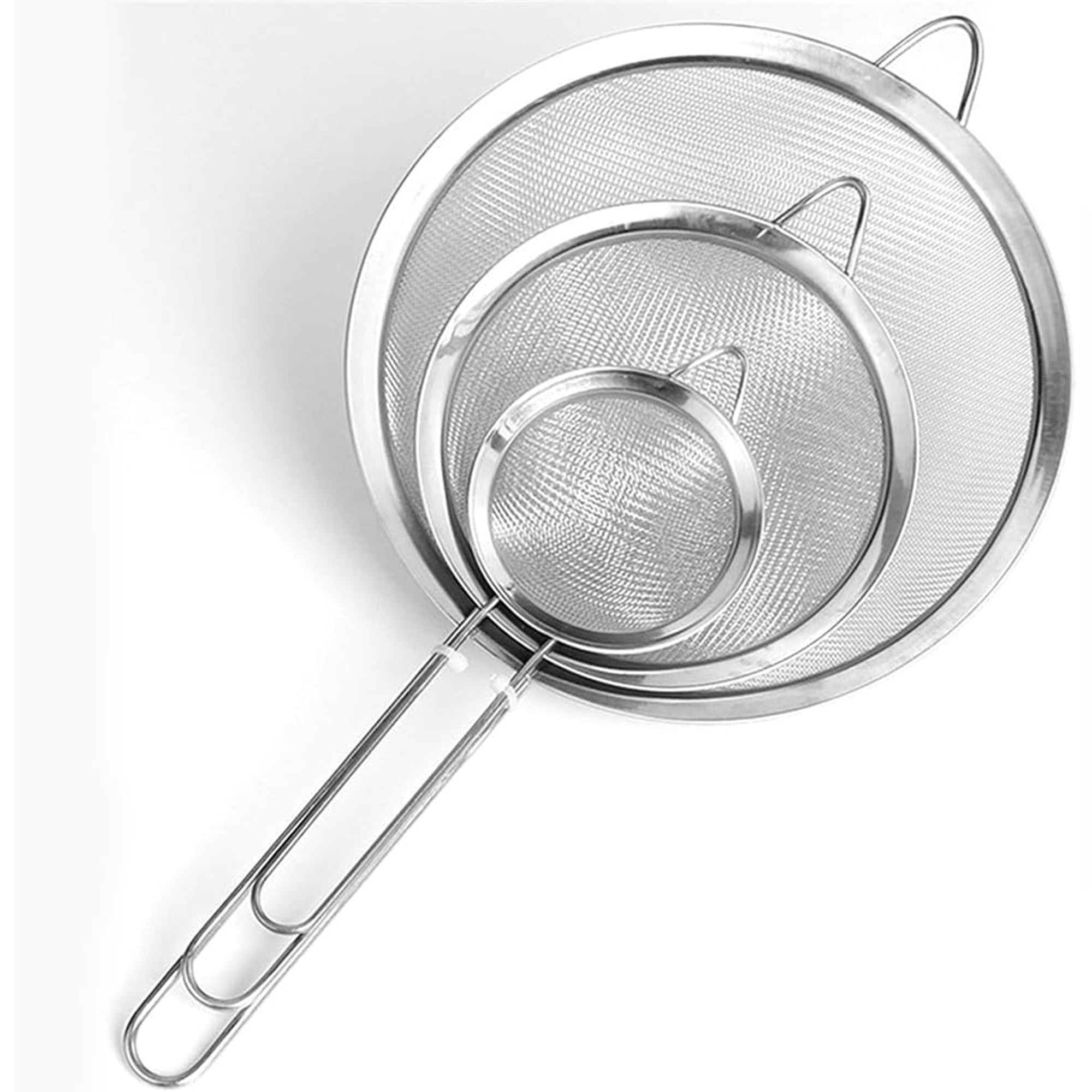 OBD 3 x Tea Strainer Set Stainless Steel Fine Mesh Sieve Kitchen Filter Long Handle for Tea Coffee Flour Juice Small Medium Large Sizes