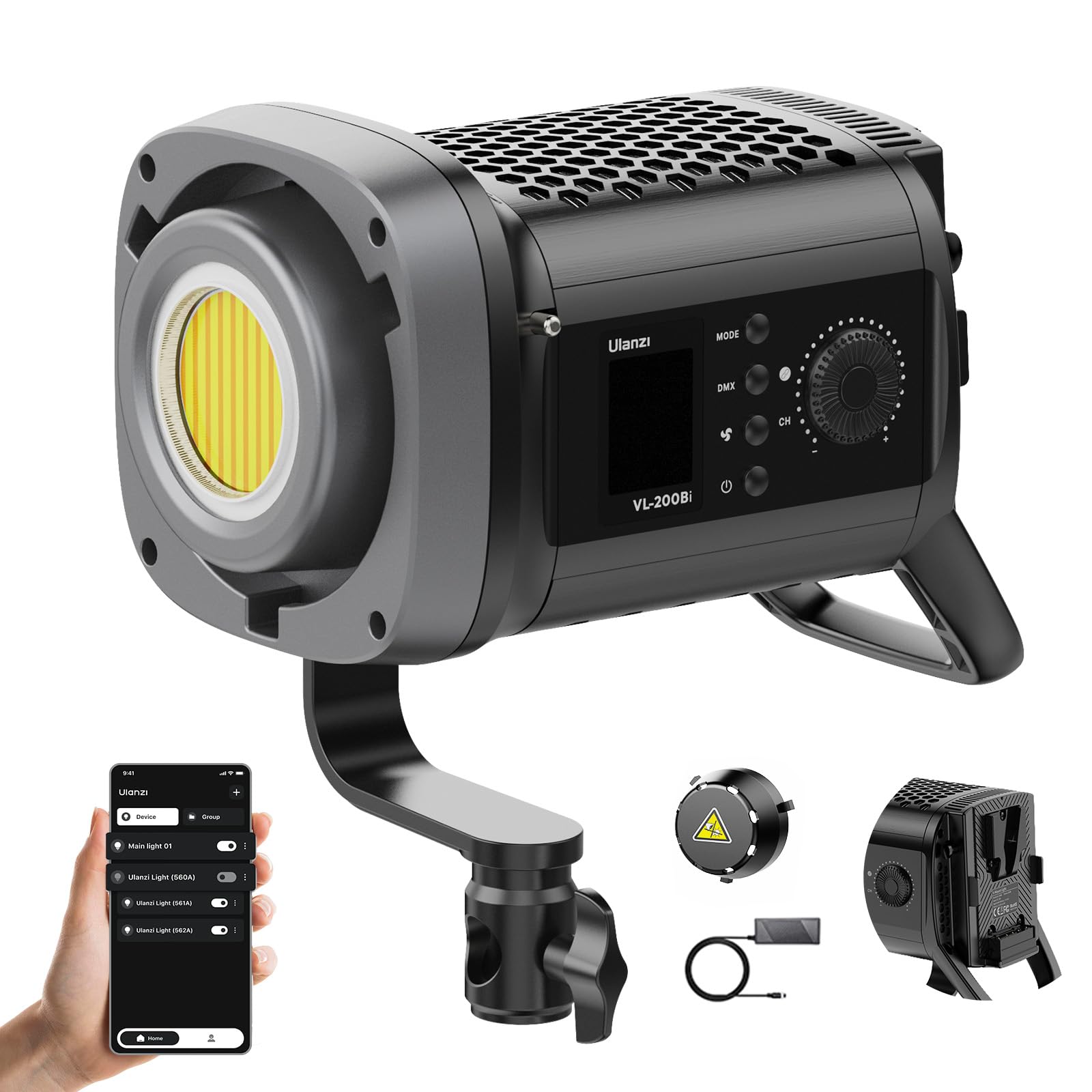 Ulanzi VL-200Bi 200W V-Mount LED Video Light | Runs on V Mount Batteries & DC Power | 2700-6500K, CRI＞95 | 48300 Lux 6500K@1m |0-100% Dim, Mute Mode Advanced Cooling | Smart App | 1-Yr Warranty