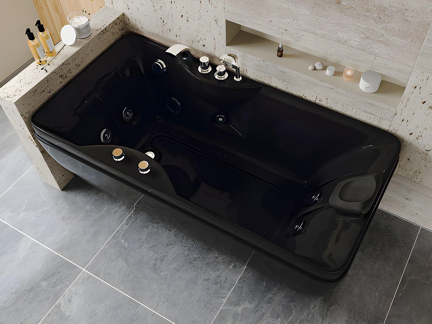 Vente-unique - Baignoire balnéo - 150 x 75 x 54,5 cm - Noire - Angle gauche - 1 place - 140 L - GAVINO