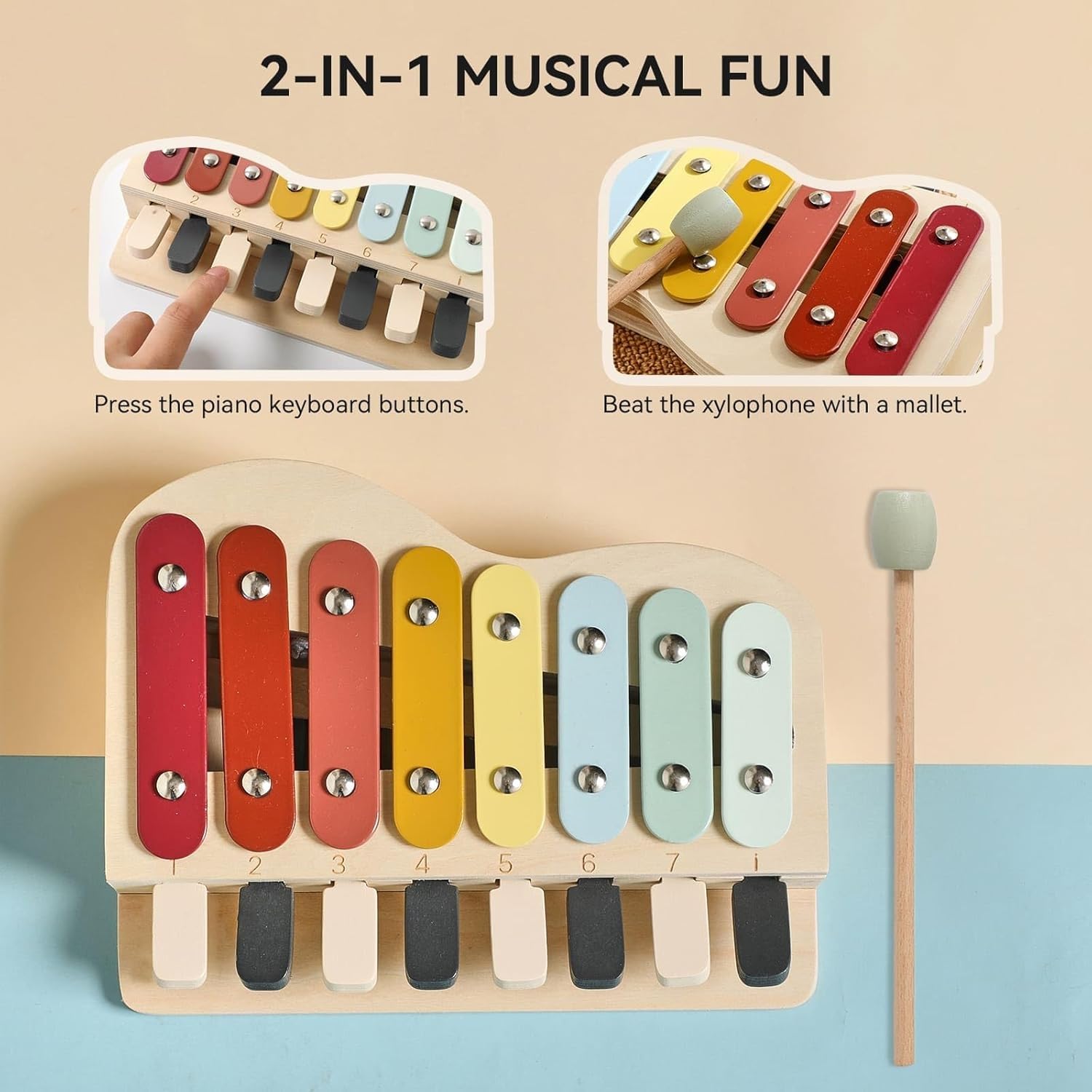 let's make Kinder Xylophon und Klavier in Einem, Glockenspiel Holzspielzeug, Baby Musikinstrumente ab 1 Jahr, Pädagogische Spielzeug mit 8 Tönen, Musikinstrumente für Kinder ab 1 Jahr