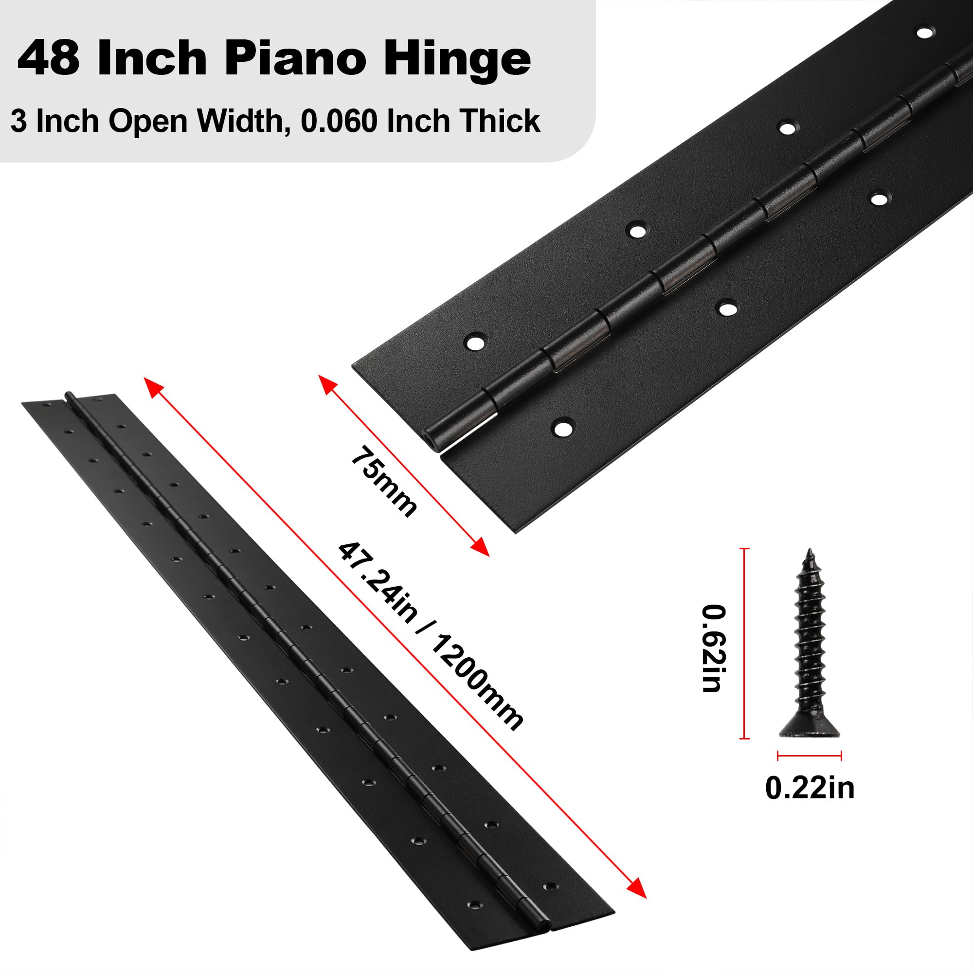 2 bisagras de piano resistentes de 48 pulgadas x 3 pulgadas de ancho, bisagra de piano negra de acero inoxidable de 0.060 pulgadas de grosor para gabinete resistente, puerta, caja de herramientas,