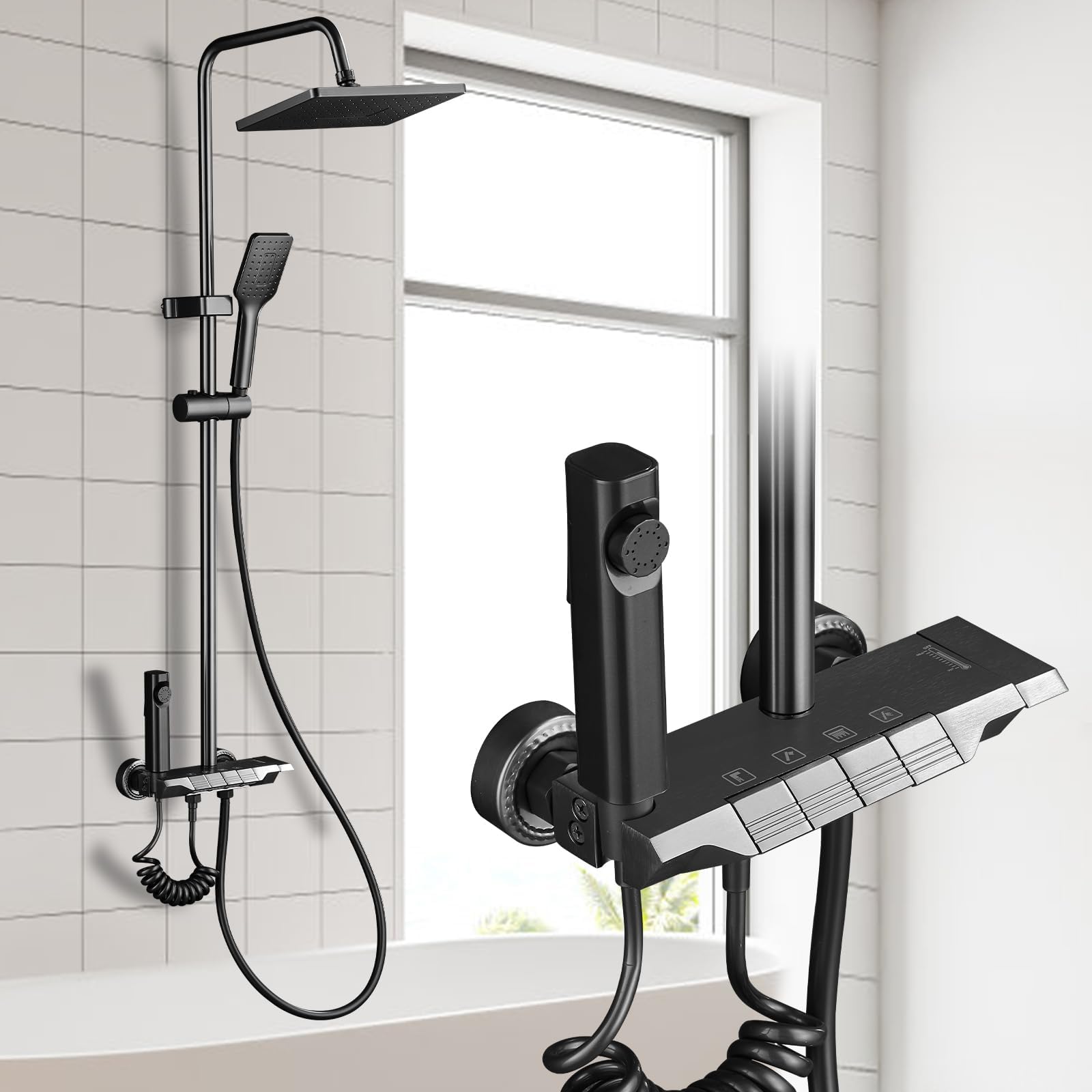Columna de Ducha con Rociador Superior/Ducha de Mano ABS, 4 Modos Espacio Aluminio Columna Ducha Columna de Baño Multifuncional Altura Ajustable 85-105cm, Negro