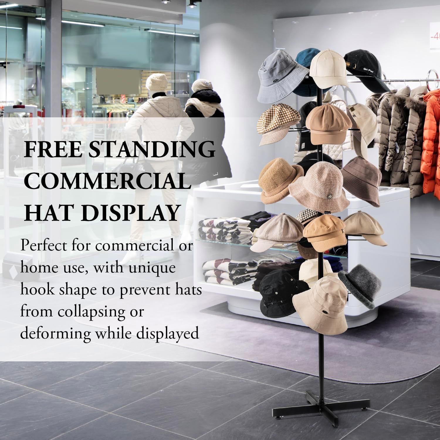 MyGift 5 Tier Freestanding Hat Rack Stand, Cowboy Hat Display Tree with Slanted Wire Racks, Commercial Baseball Cap Holder with 20 Removable Hooks for Hanging, Modern Black Metal