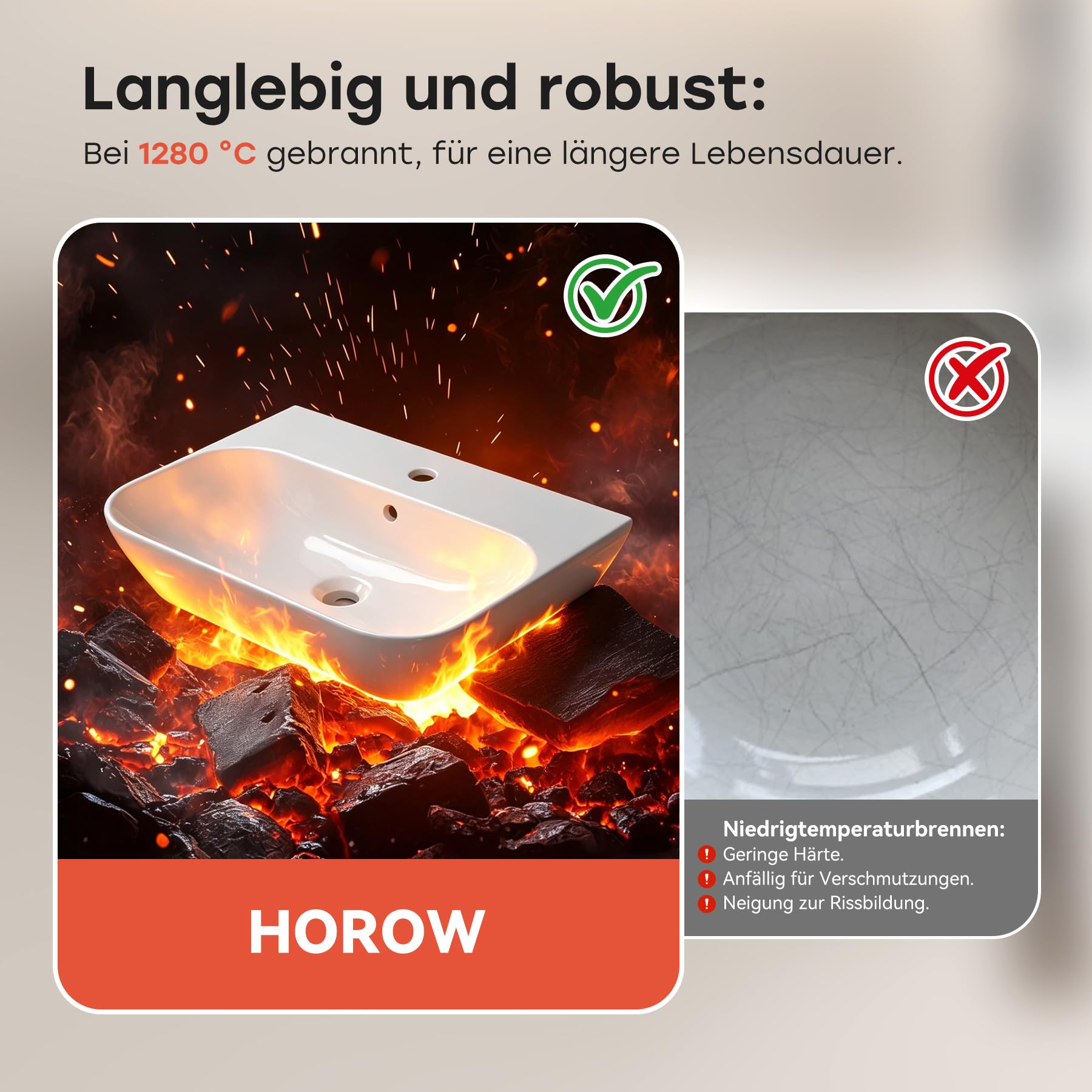 HOROW Waschbecken Bad Weiß für Kleines Bad & Gäste-WC Aufhängung 28 cm | Hängewaschbecken 56×40 cm Aufsatzwaschbecken Keramik mit Überlauf und Hahnloch 28 cm Lochabstand ohne zusätzliches Bohren
