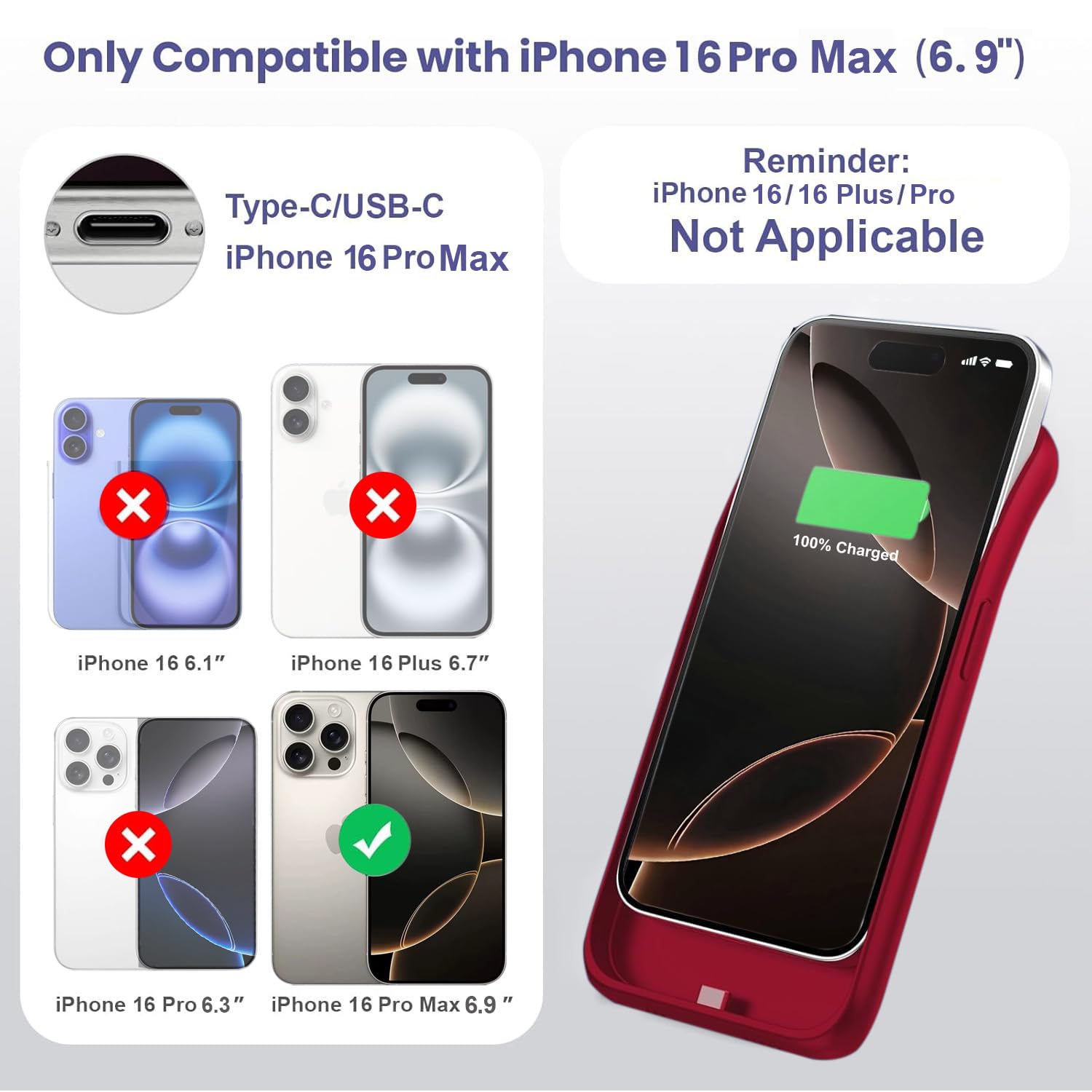 Feob Cover Batteria per iPhone 16 Pro Max, 8600mAh 15W Custodia Ricaricabile Battery Case Custodia Batteria Cover Caricabatterie Power Bank per iPhone 16 Pro Max (6,9") Charger Case (Rosso)